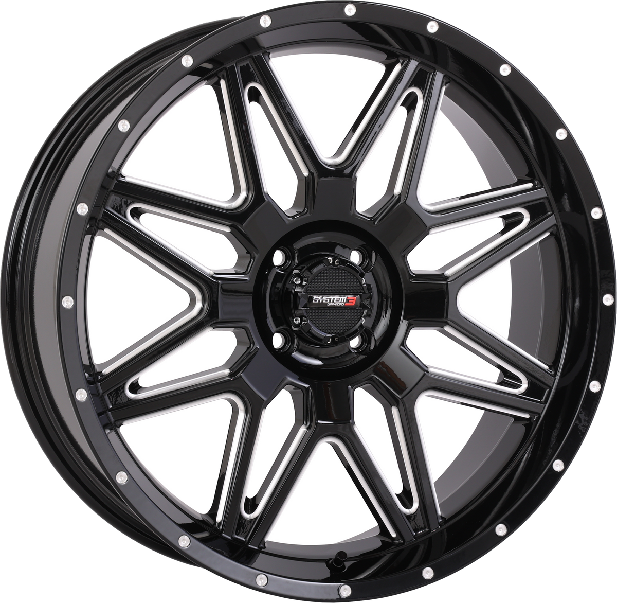 Photo of SYSTEM 3 ST7 WHEEL 20X7 4+3 (+10MM) 4/110 GLOSS BLACK MILLED by SYSTEM 3 - Premium Wheels for UTVs / Side by Sides