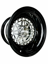 Angled view of a Packard Apollo silver non-beadlock UTV wheel with a black barrel.