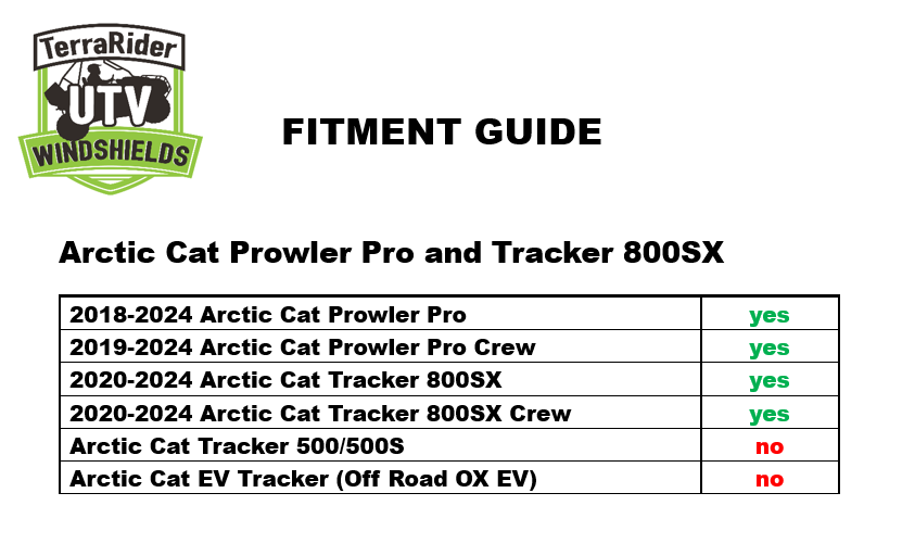 Photo of 2018-2024 ARCTIC CAT PROWLER PRO WITH PRO FIT FRAME (COMPATIBLE WITH TRACKER 800SX) HALF UTV WINDSHIELD (TK00133, TK00365 & TK00423) by TerraRider UTV Windshields & Accessories - Premium for UTVs / Side by Sides