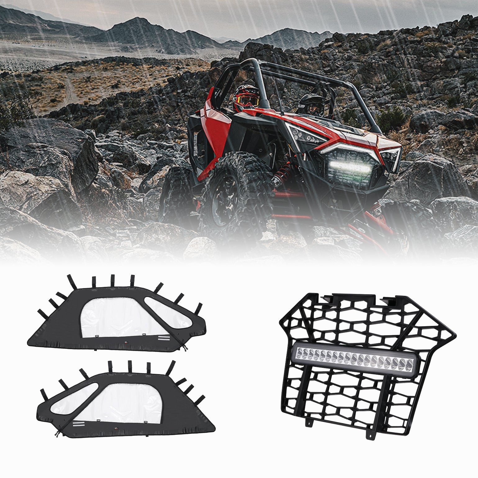 Photo of Soft Upper Doors & Front Mesh Grill with LED Light Bar for RZR Pro XP by Kemimoto - Premium for UTVs / Side by Sides