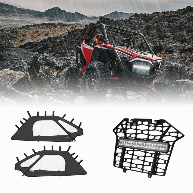 Photo of Soft Upper Doors & Front Mesh Grill with LED Light Bar for RZR Pro XP by Kemimoto - Premium for UTVs / Side by Sides