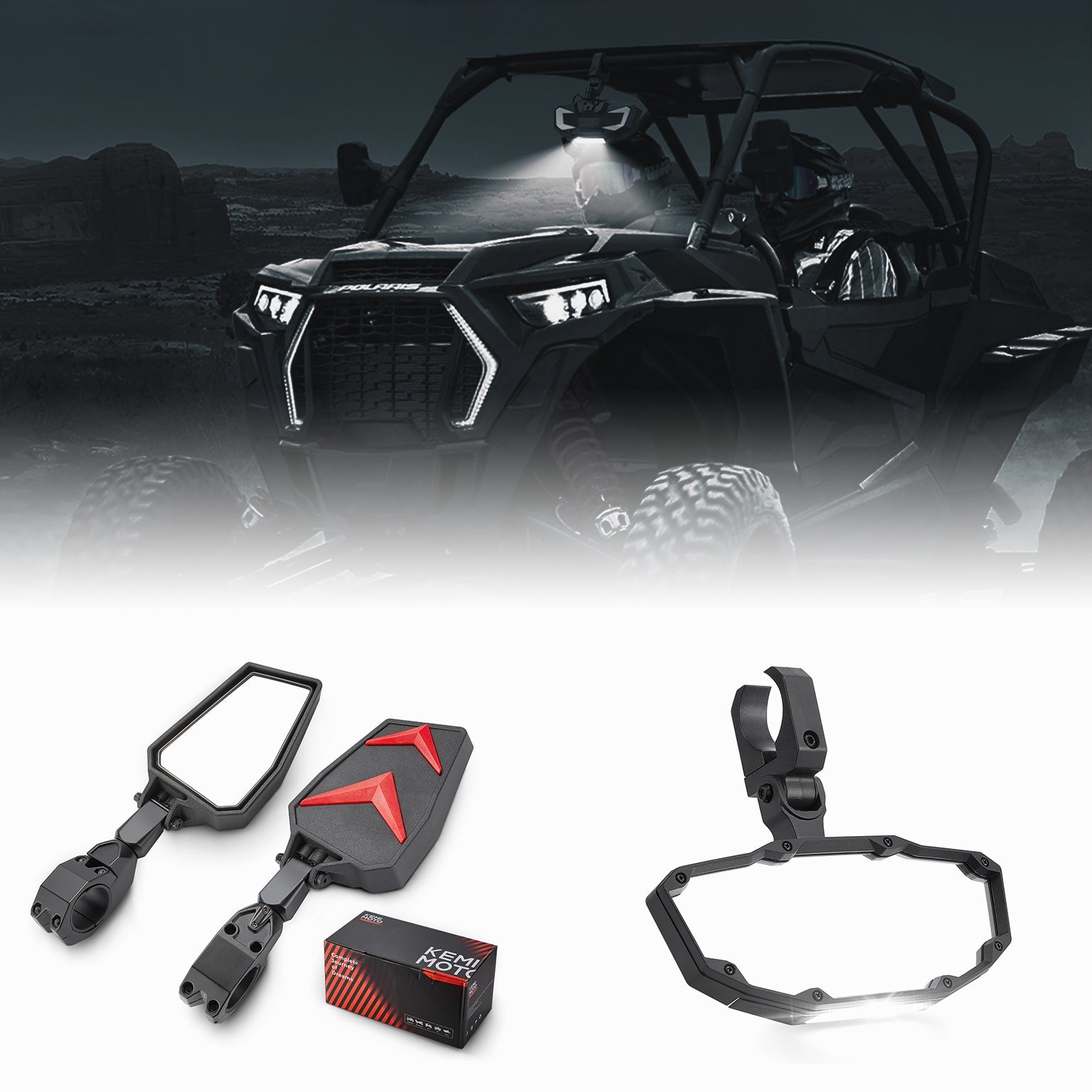 Photo of Universal Side Rear View Mirrors and Center Mirror Fit 1.75“ - 2" Round Roll bars by Kemimoto - Premium for UTVs / Side by Sides