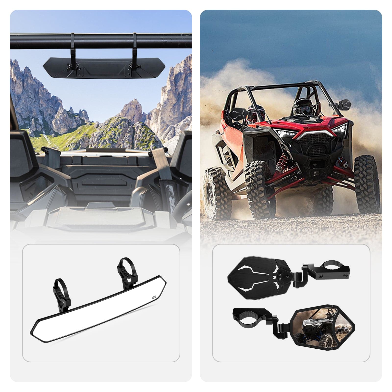 Photo of UTV 1.65"-2" Rear View Mirror & 1.6"-2" Round Tube Side Mirror by Kemimoto - Premium for UTVs / Side by Sides