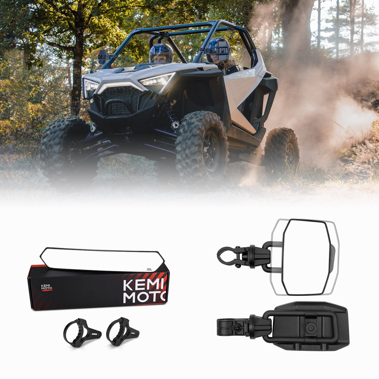 Photo of Rear View Mirror and Side View Mirrors Fit 1.75" - 2.0" Roll Bar by Kemimoto - Premium for UTVs / Side by Sides