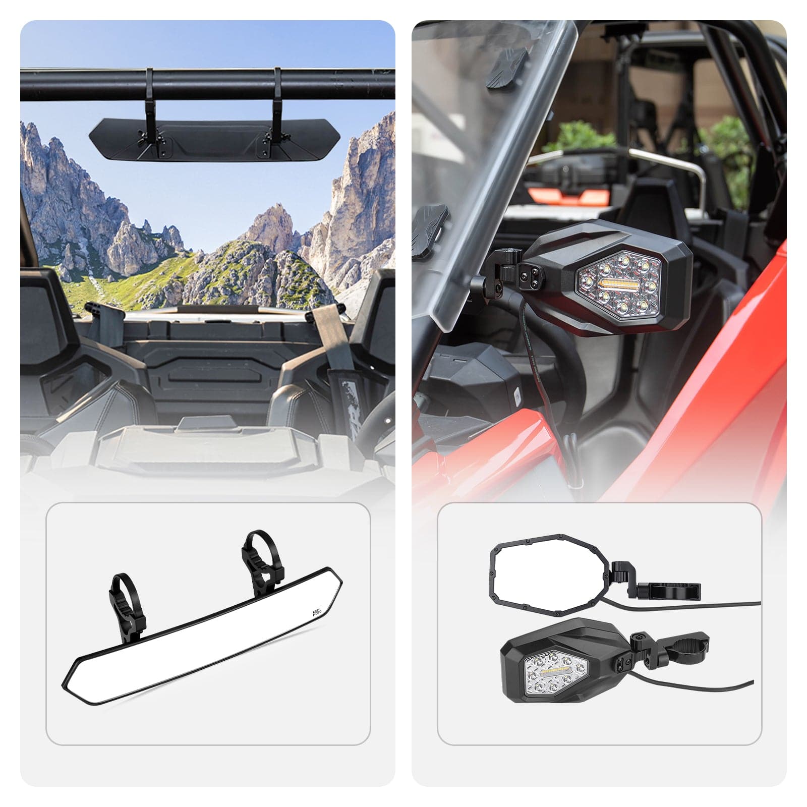 Photo of UTV 1.65"-2" Tube Rear View Mirror & UTV 1.6"-2" Tube LED Side Mirrors by Kemimoto - Premium for UTVs / Side by Sides