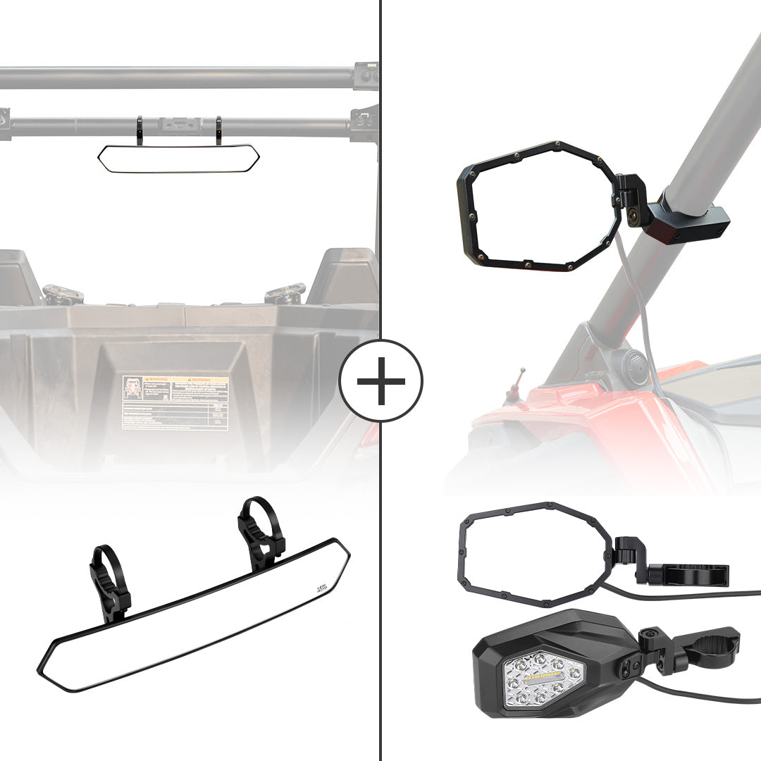 Photo of UTV 1.65"-2" Tube Rear View Mirror & UTV 1.6"-2" Tube LED Side Mirrors by Kemimoto - Premium for UTVs / Side by Sides
