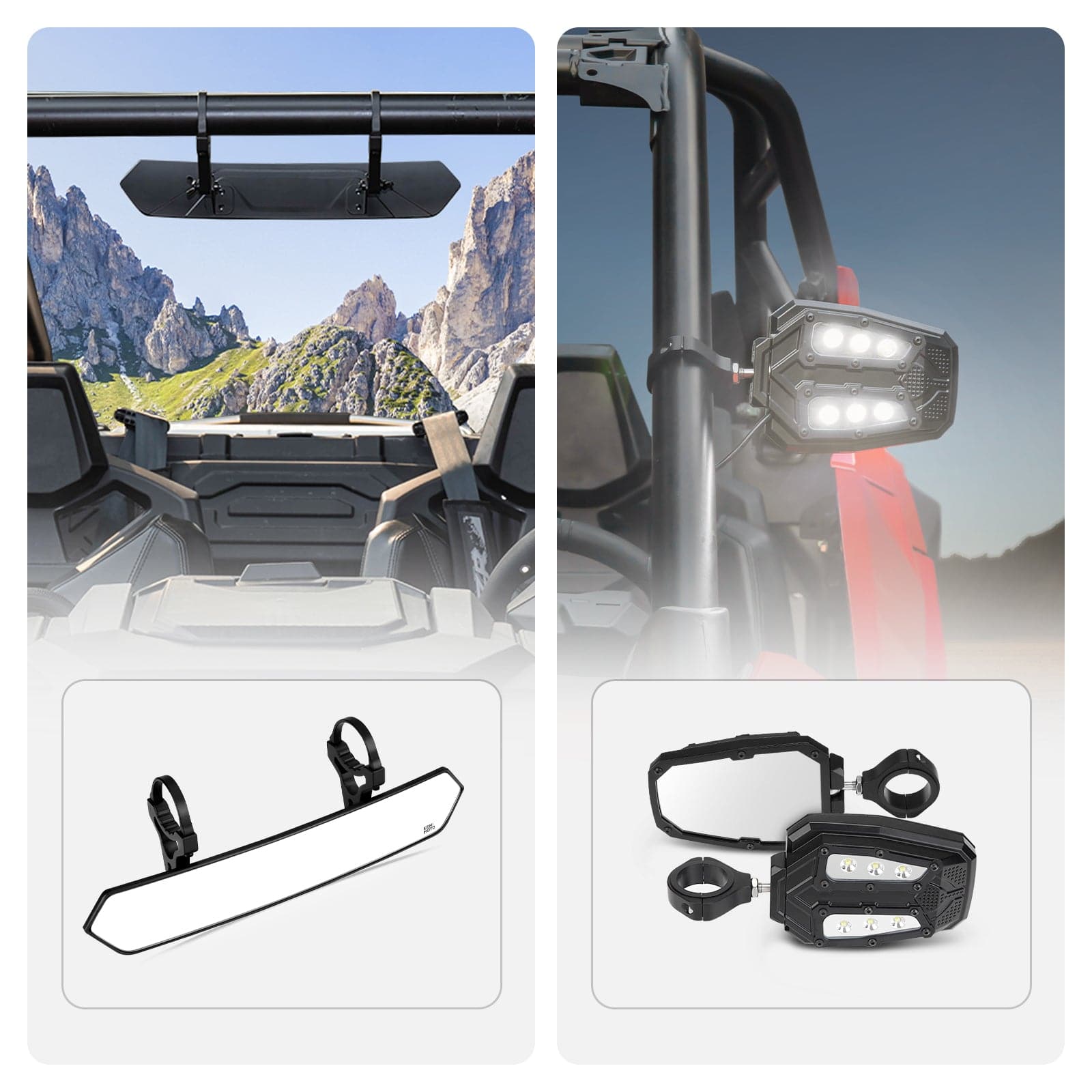 Photo of UTV 1.65"-2" Rear View Mirror &1.75"-2" LED Side Mirror by Kemimoto - Premium for UTVs / Side by Sides