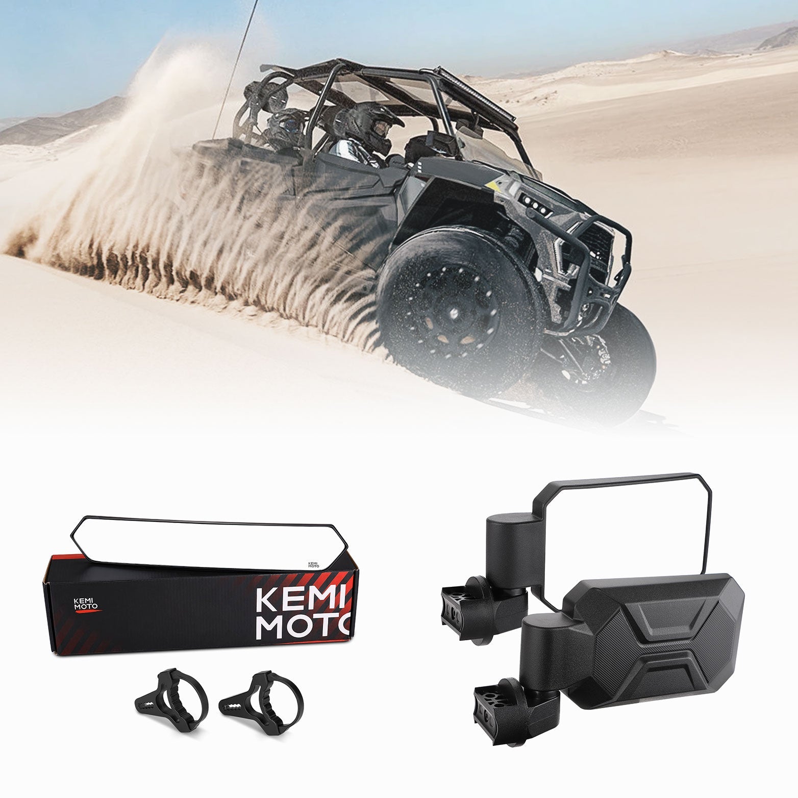 Photo of Rear View Mirror and Side Mirrors with 1.6" to 2" Roll Bar Cage by Kemimoto - Premium for UTVs / Side by Sides