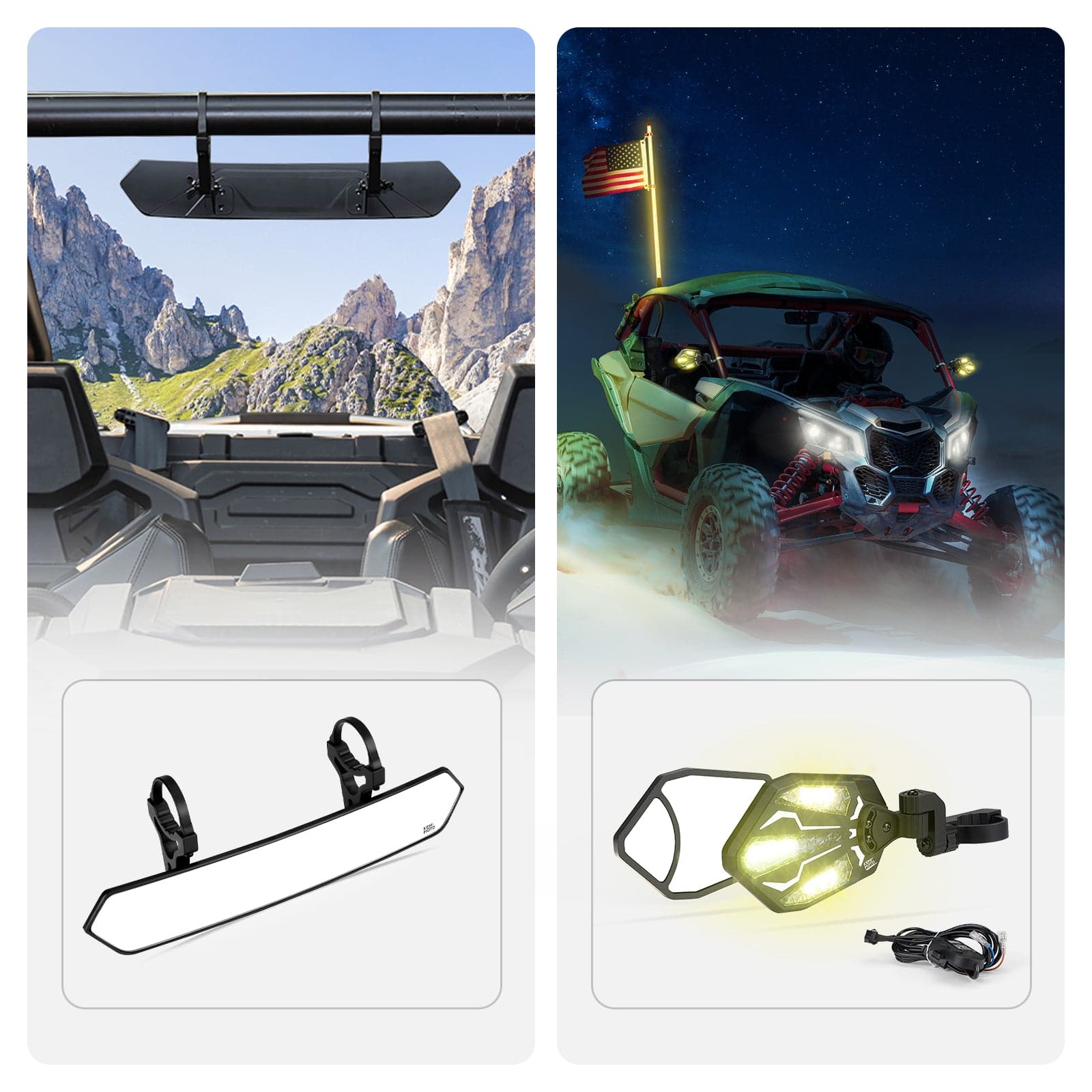 Photo of UTV 1.65"-2" Side Mirror With RBG Light & 1.75" Convex Side Mirror by Kemimoto - Premium for UTVs / Side by Sides