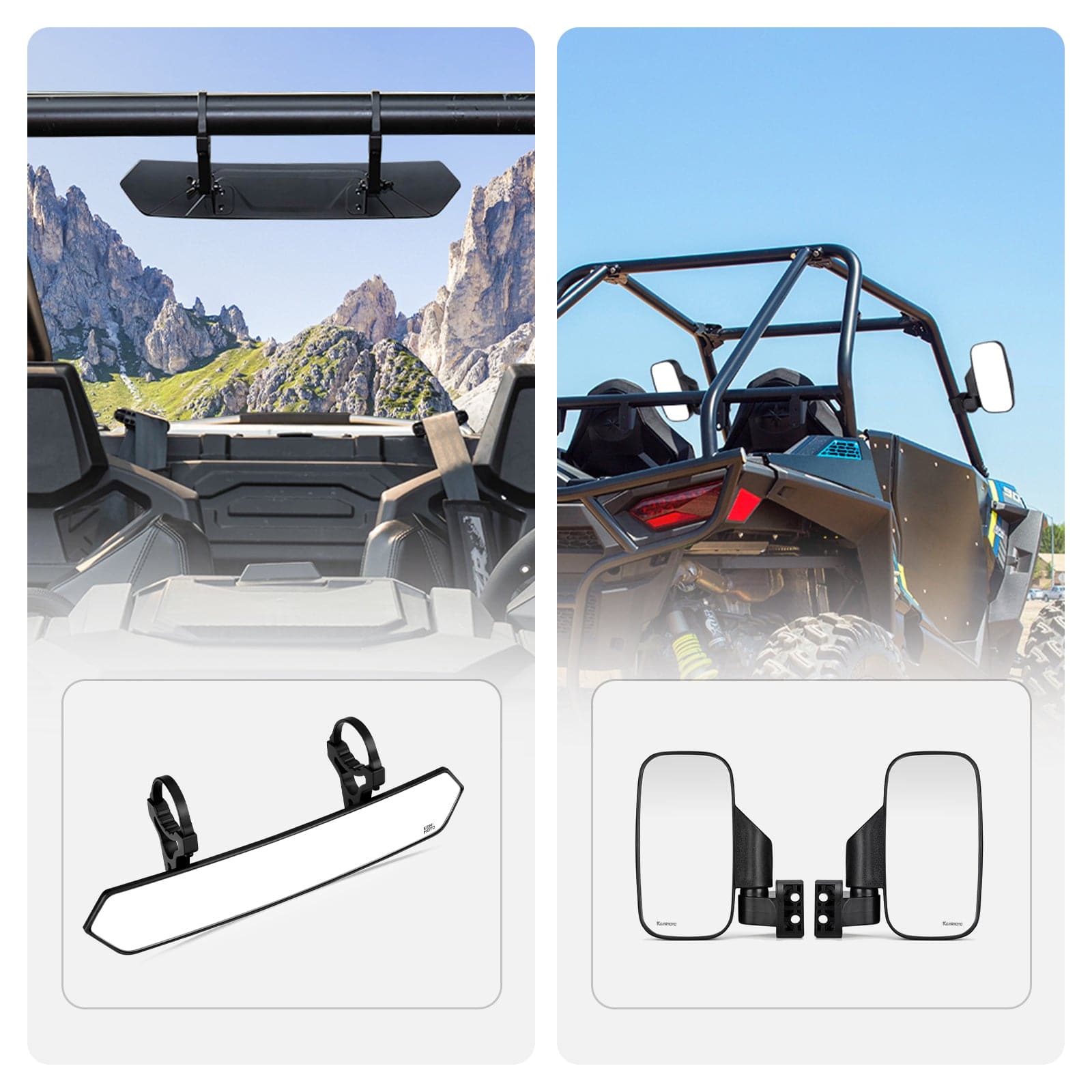 Photo of UTV Adjustable Rear View Mirror & Side Mirrors for 1.75"-2" Round Tube by Kemimoto - Premium for UTVs / Side by Sides