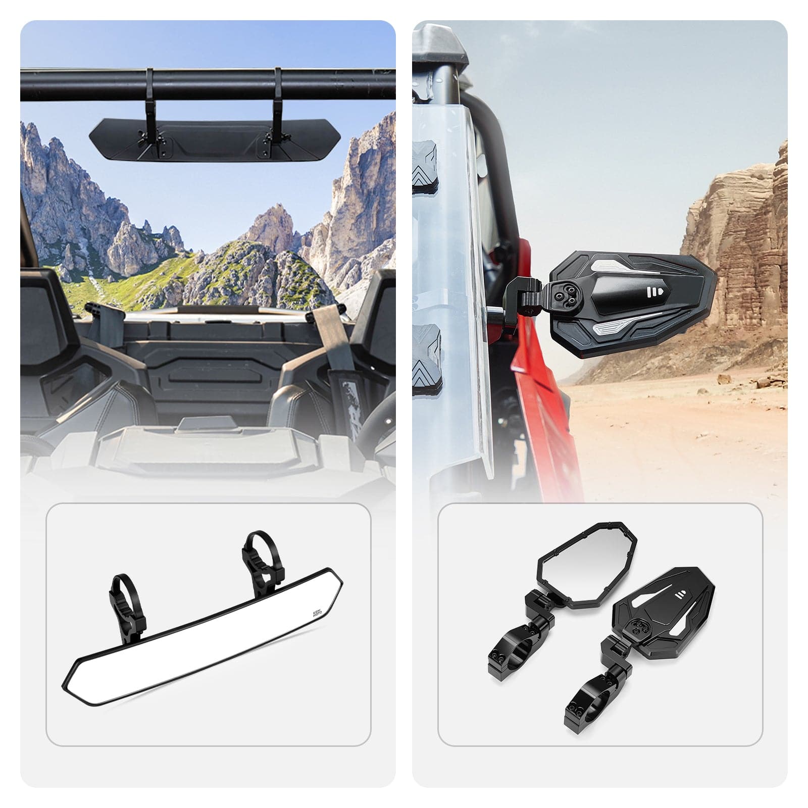 Photo of UTV 1.65"-2" Rear View Mirror & 1.75"-2" Adjustable Side Mirror by Kemimoto - Premium for UTVs / Side by Sides