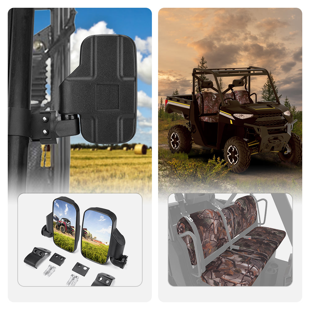 Photo of Side Mirrors & Camouflage Seat Cover for Polaris Ranger by Kemimoto - Premium for UTVs / Side by Sides