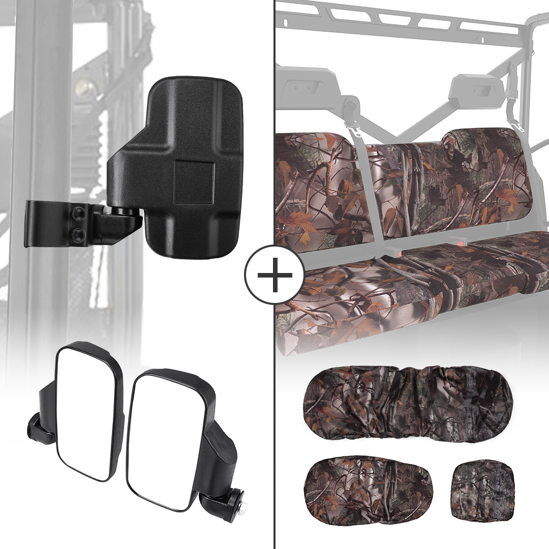 Photo of Side Mirrors & Camouflage Seat Cover for Polaris Ranger by Kemimoto - Premium for UTVs / Side by Sides