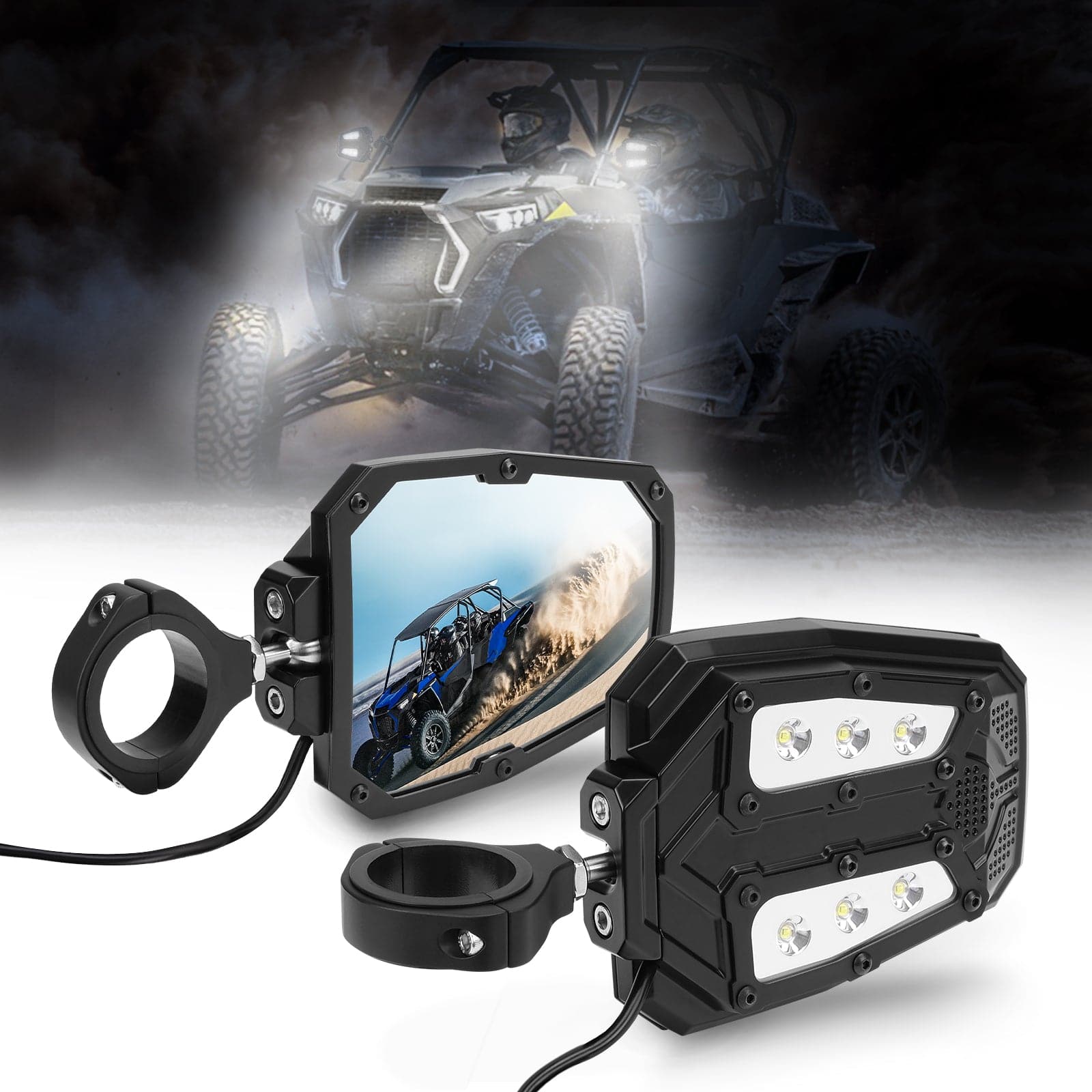 Photo of Universal 1.75"/2" Rear View Side Mirrors with LED Rock Light (1 pair) by Kemimoto - Premium for UTVs / Side by Sides
