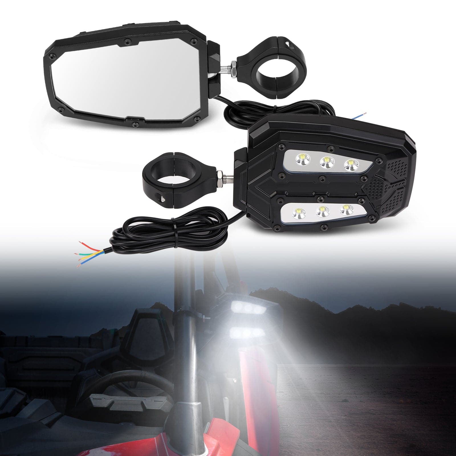 Photo of Universal 1.75"/2" Rear View Side Mirrors with LED Rock Light (1 pair) by Kemimoto - Premium for UTVs / Side by Sides
