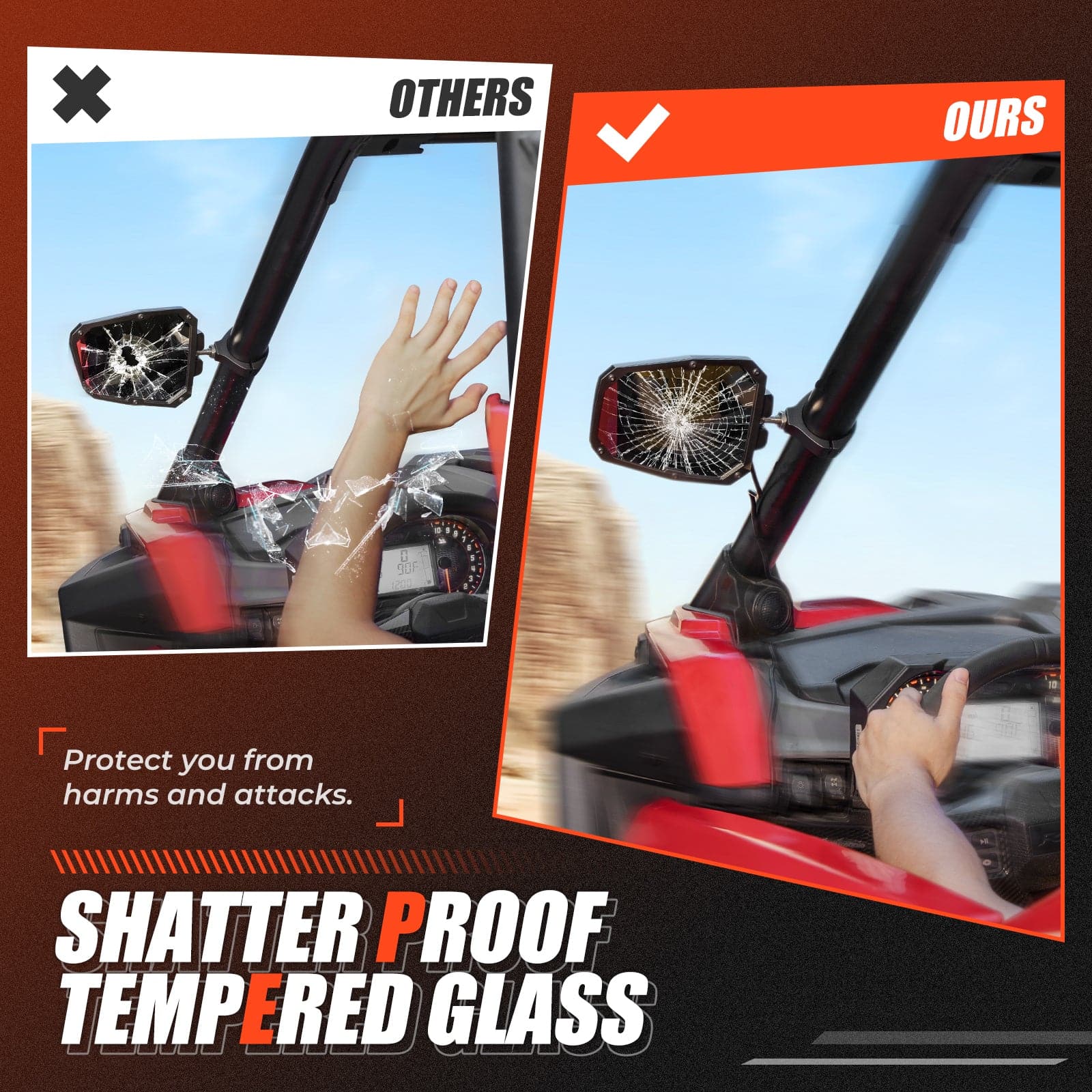 Photo of Universal 1.75"/2" Rear View Side Mirrors with LED Rock Light (1 pair) by Kemimoto - Premium for UTVs / Side by Sides