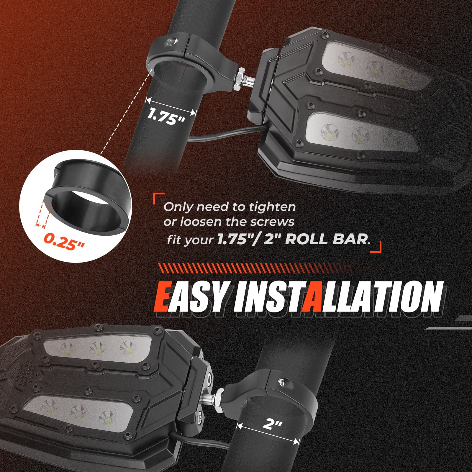 Photo of Universal 1.75"/2" Rear View Side Mirrors with LED Rock Light (1 pair) by Kemimoto - Premium for UTVs / Side by Sides