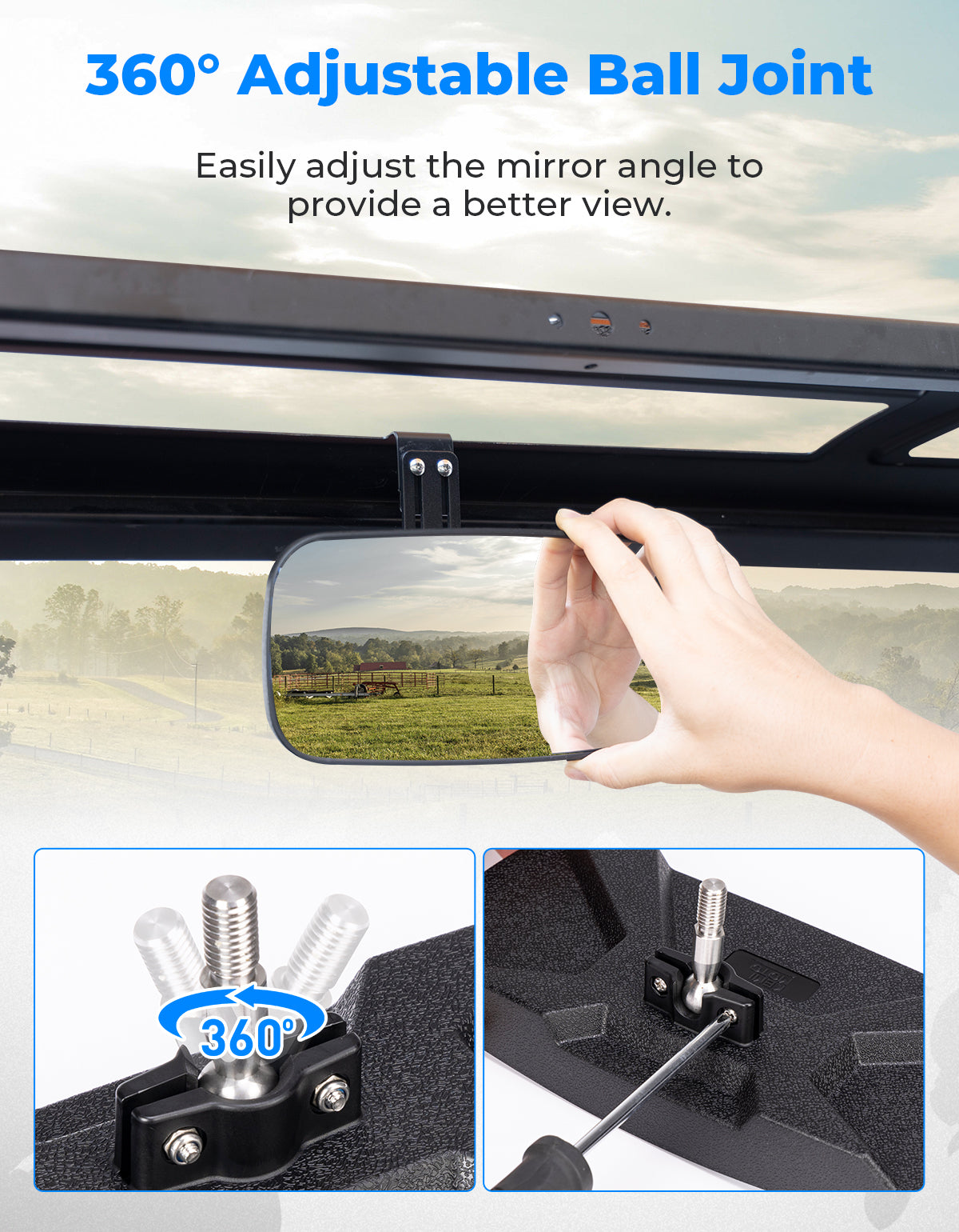 Photo of Upgraded Rear View Mirror for Polaris Ranger 500 570 900 XP 1000 XP/Crew 2017-2025 by Kemimoto - Premium for UTVs / Side by Sides
