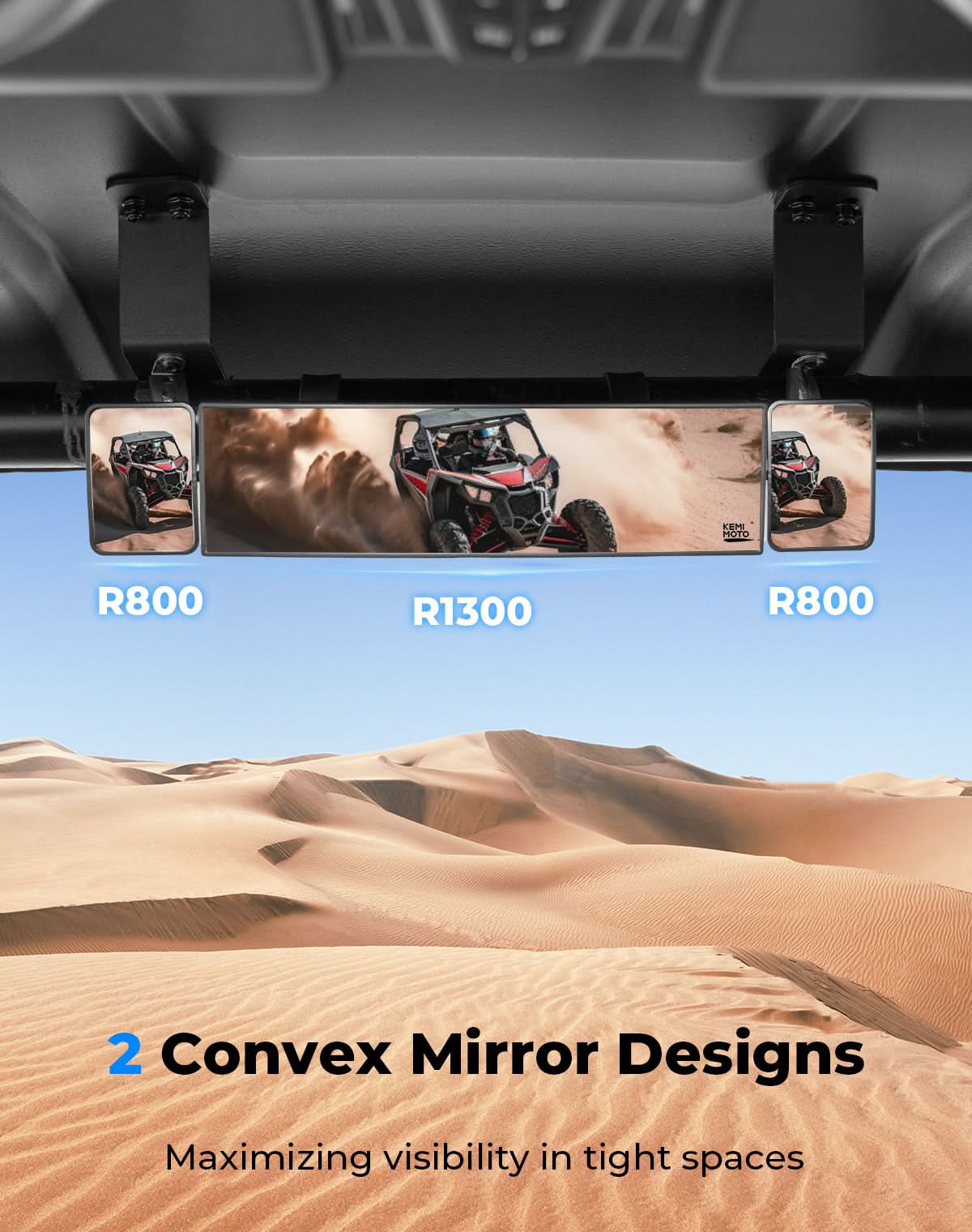 Photo of UTV Rear View Mirror 2 Convex Mirror with 1.5"-2" Sturdy Clamp by Kemimoto - Premium for UTVs / Side by Sides