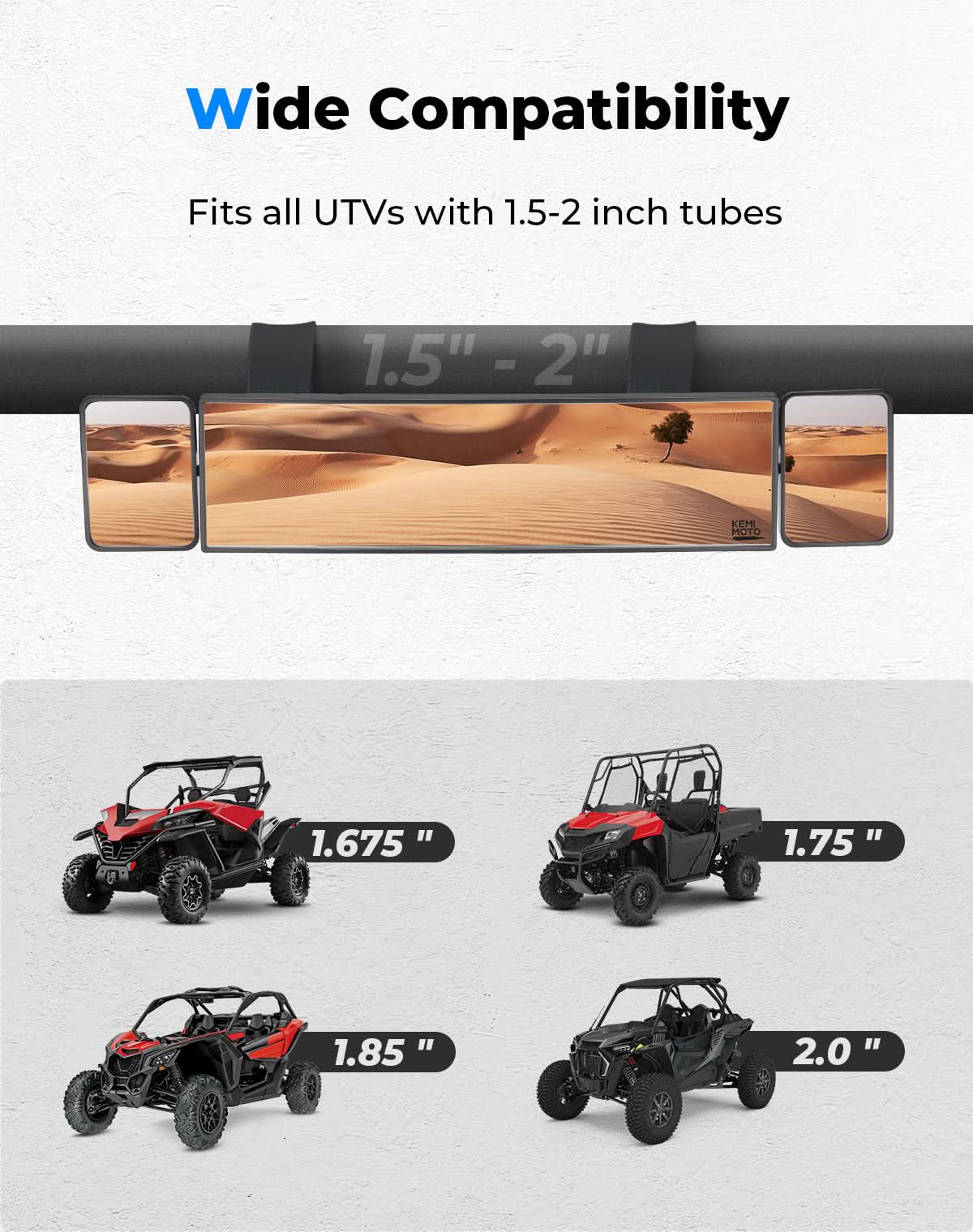 Photo of UTV Rear View Mirror 2 Convex Mirror with 1.5"-2" Sturdy Clamp by Kemimoto - Premium for UTVs / Side by Sides