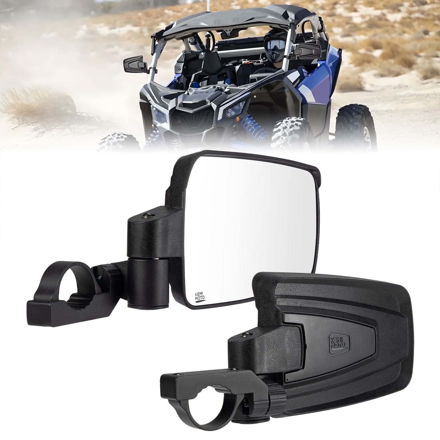 Photo of UTV Side Mirrors with Spring Back Feature for 1.65-2 Inch Roll Bars by Kemimoto - Premium for UTVs / Side by Sides
