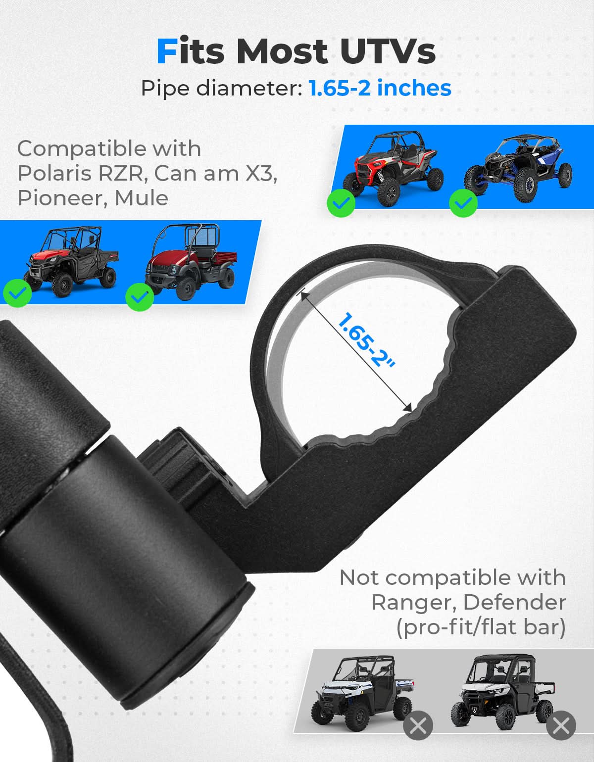 Photo of UTV Side Mirrors with Spring Back Feature for 1.65-2 Inch Roll Bars by Kemimoto - Premium for UTVs / Side by Sides