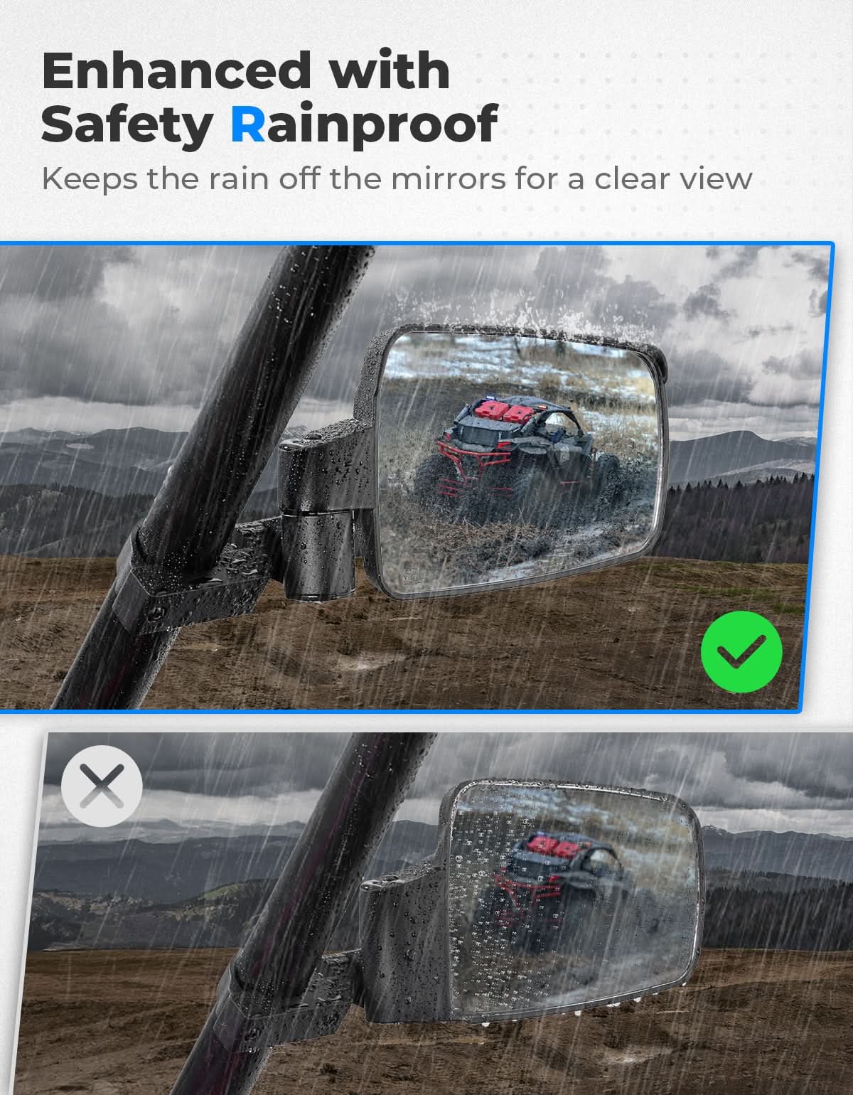 Photo of UTV Side Mirrors with Spring Back Feature for 1.65-2 Inch Roll Bars by Kemimoto - Premium for UTVs / Side by Sides