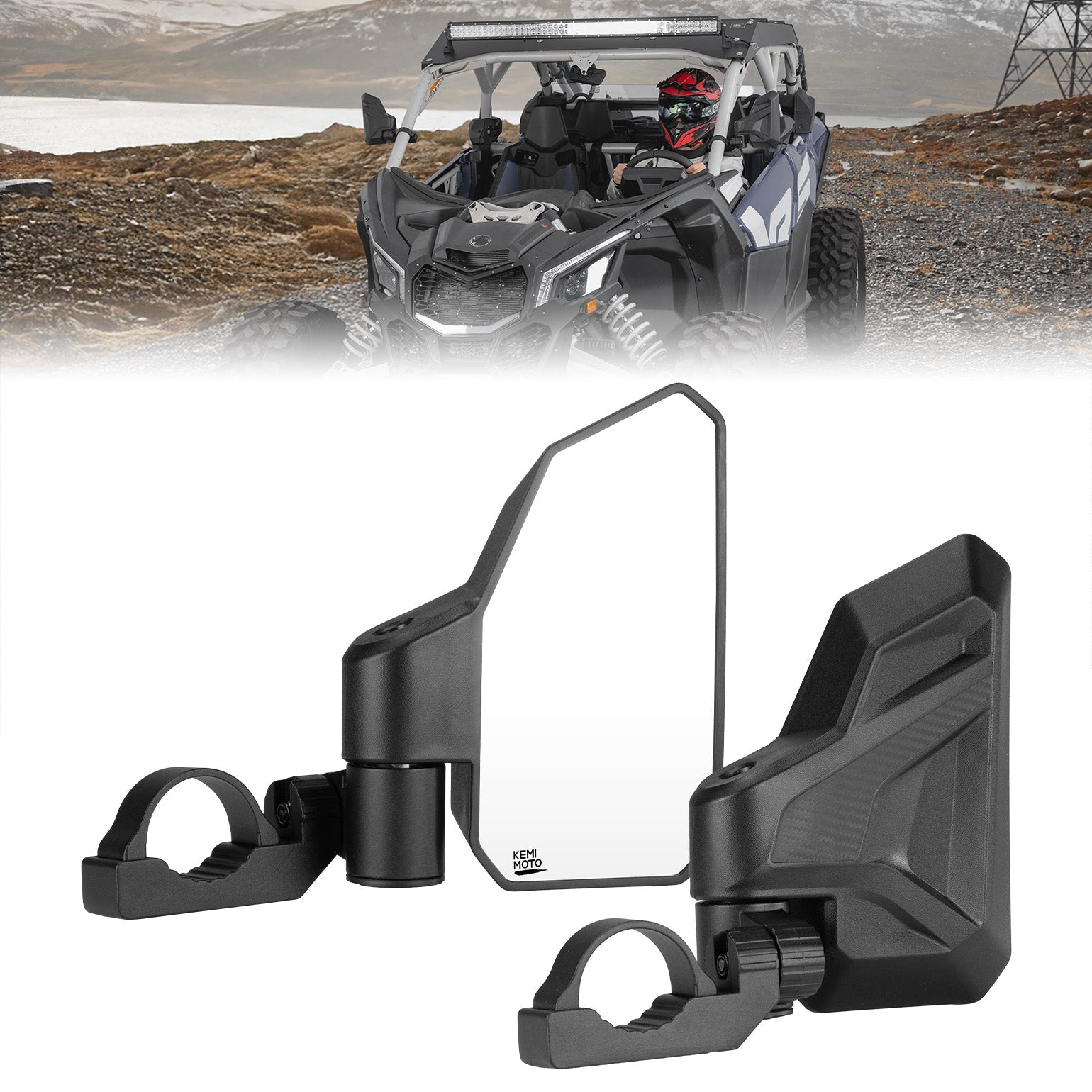 Photo of UTV Side Mirrors w/ 1.65"-2.0" Roll Cage for Polaris RZR/Can Am X3/Pioneer/Talon/Mule/CFMOTO by Kemimoto - Premium for UTVs / Side by Sides