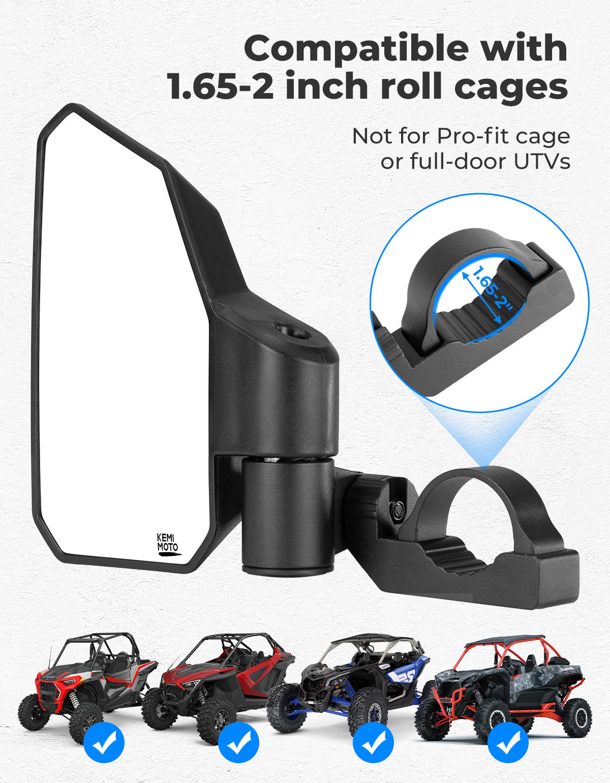 Photo of UTV Side Mirrors w/ 1.65"-2.0" Roll Cage for Polaris RZR/Can Am X3/Pioneer/Talon/Mule/CFMOTO by Kemimoto - Premium for UTVs / Side by Sides