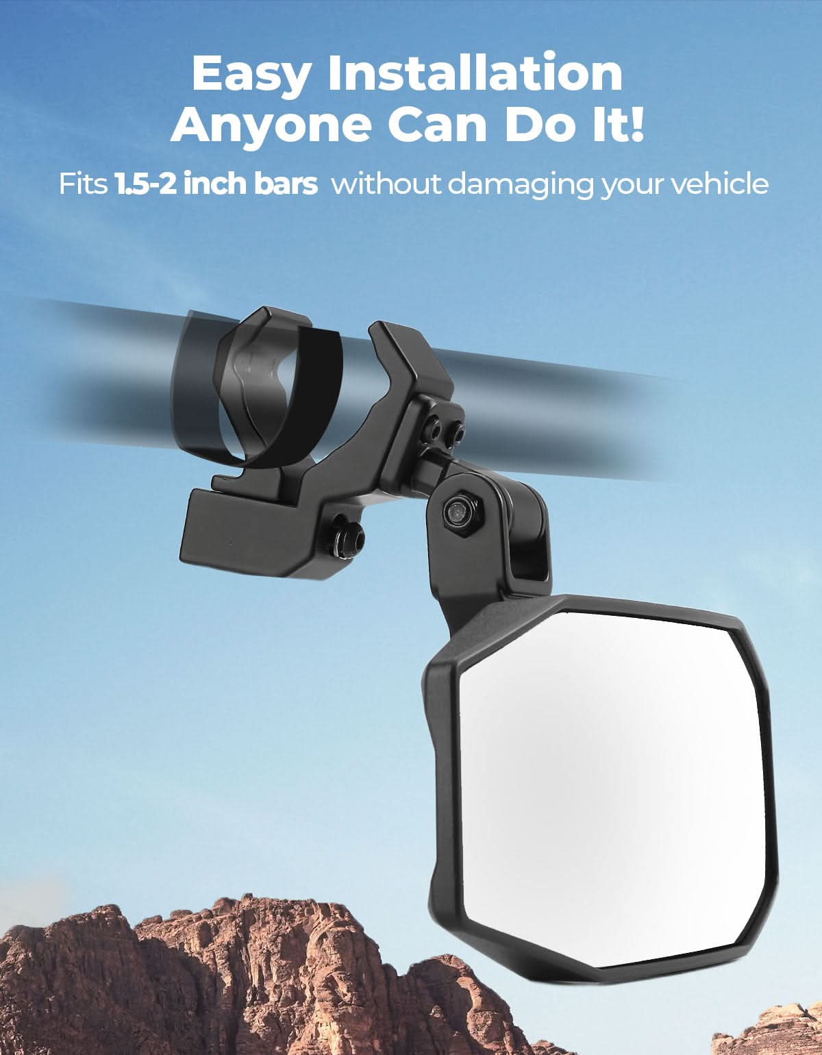 Photo of UTV Rear View Mirror for Polaris RZR, Pioneer, Can AM, CFMOTO by Kemimoto - Premium for UTVs / Side by Sides