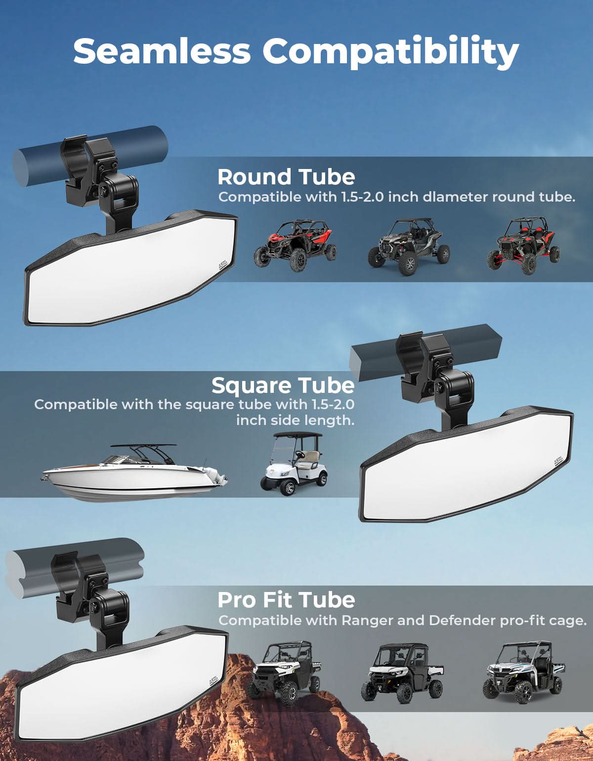Photo of UTV Rear View Mirror for Polaris RZR, Pioneer, Can AM, CFMOTO by Kemimoto - Premium for UTVs / Side by Sides