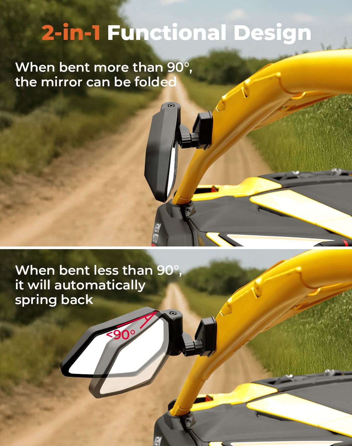 Photo of UTV Side Mirrors Automatic Folding and Resetting in The Event of Collision Compatible with Can Am Maverick R and R Max X/X RS/X RS with Smart-Shox 2024 2025, Shatterproof Glass by Kemimoto - Premium for UTVs / Side by Sides