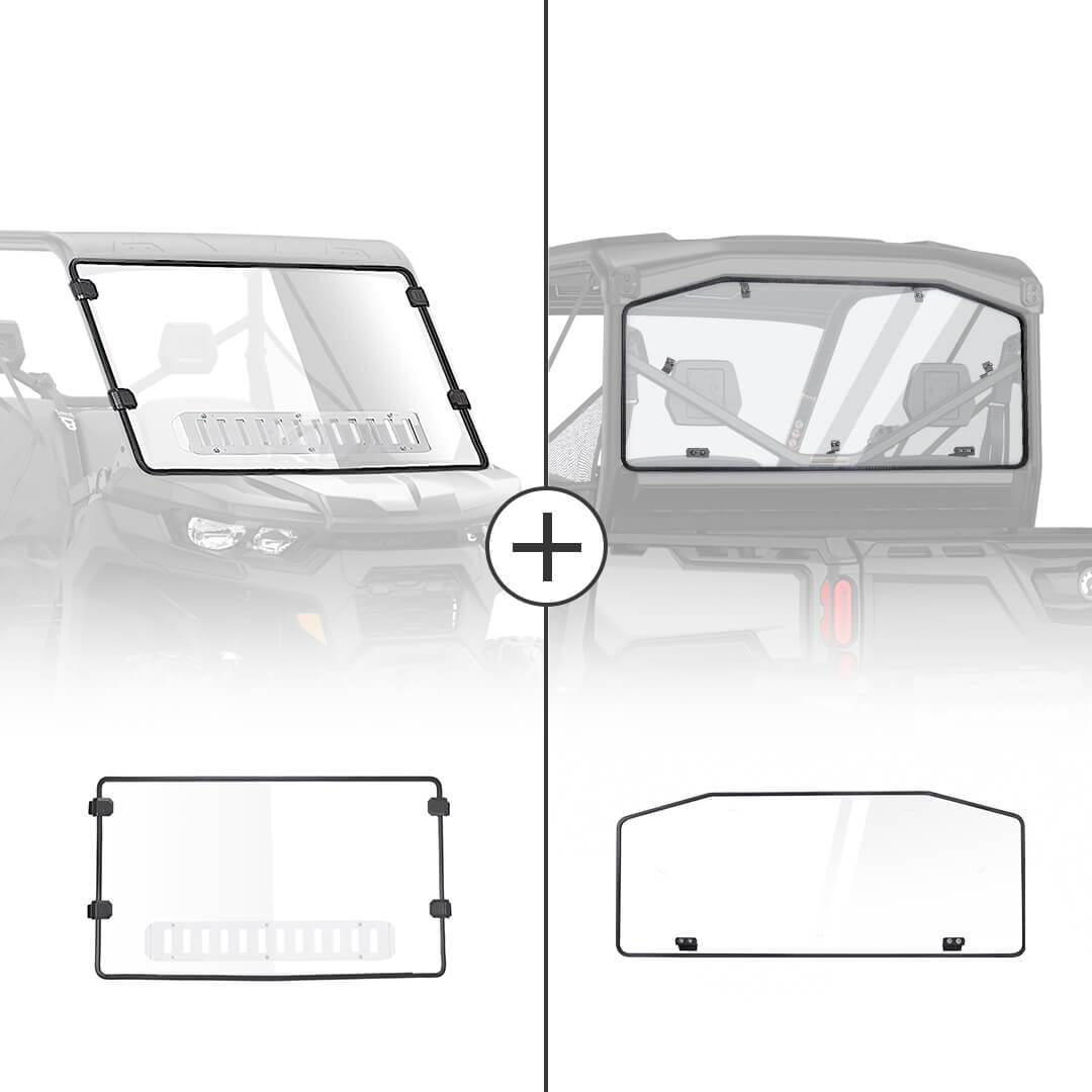 Photo of Rear & Front Vented Full Windshield for Can Am Defender by Kemimoto - Premium for UTVs / Side by Sides