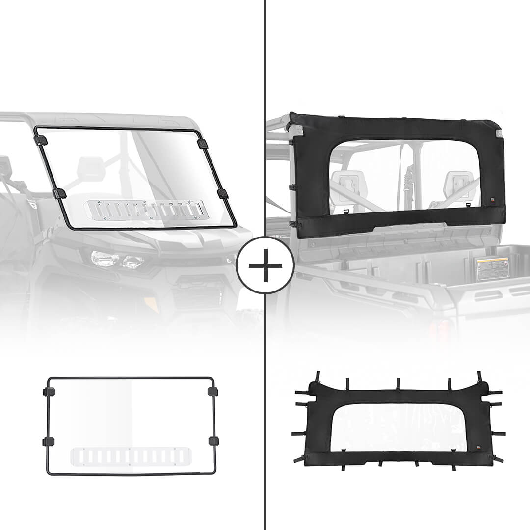 Photo of Front Vented Full Windshield & Soft Rear Windshield for Can Am Defender by Kemimoto - Premium for UTVs / Side by Sides