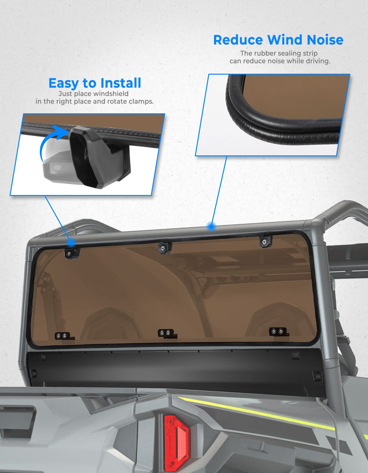 Photo of Tinted Rear Hard Windshield for Polaris General 1000/4/XP 1000/4 2016-2025 by Kemimoto - Premium for UTVs / Side by Sides