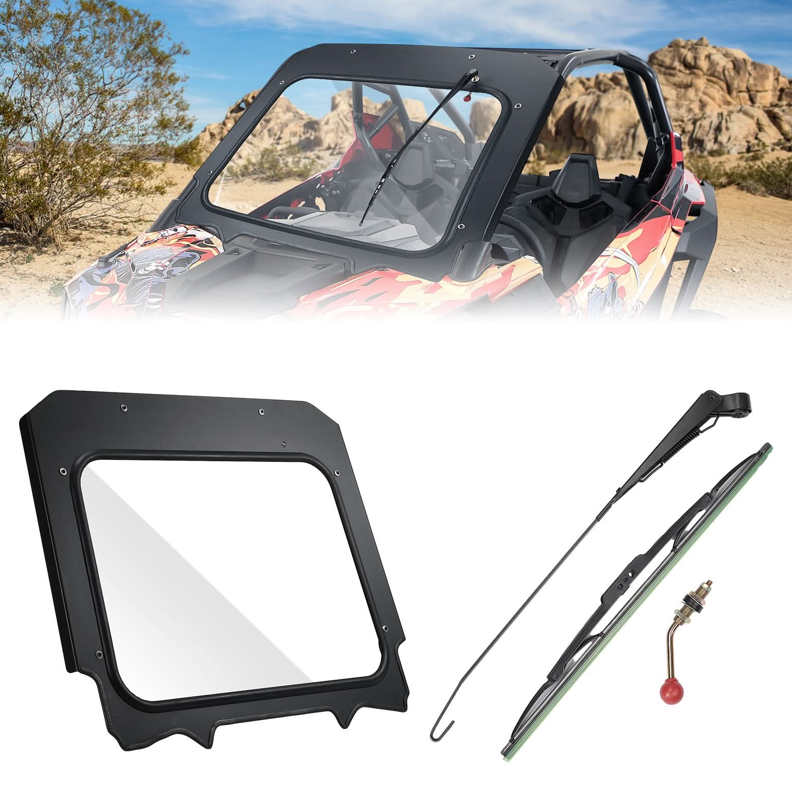 Photo of Kemimoto Glass Windshield with Manual Wipers for Polaris RZR PRO XP / RZR Turbo R 2020-2024 by Kemimoto - Premium for UTVs / Side by Sides