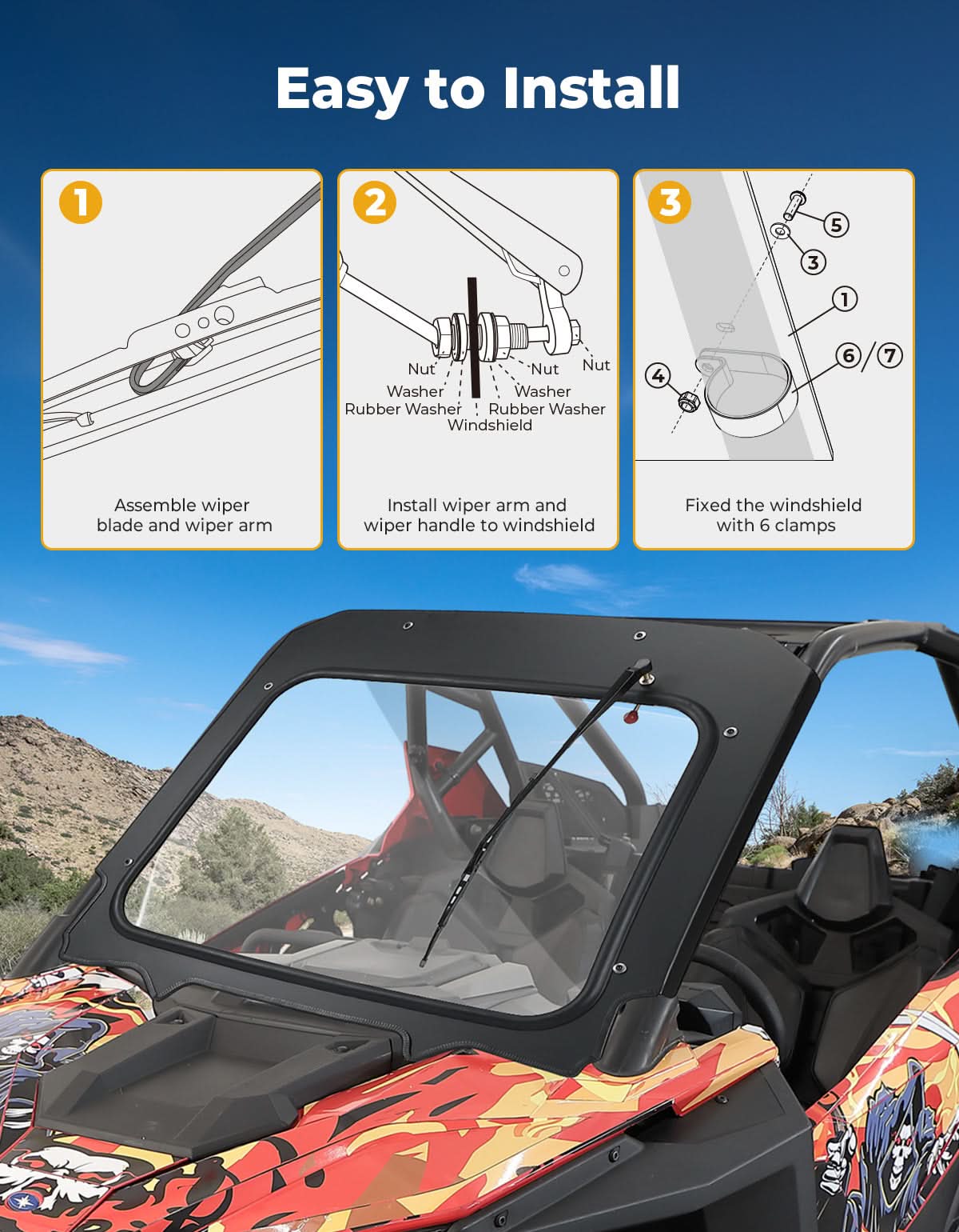 Photo of Kemimoto Glass Windshield with Manual Wipers for Polaris RZR PRO XP / RZR Turbo R 2020-2024 by Kemimoto - Premium for UTVs / Side by Sides
