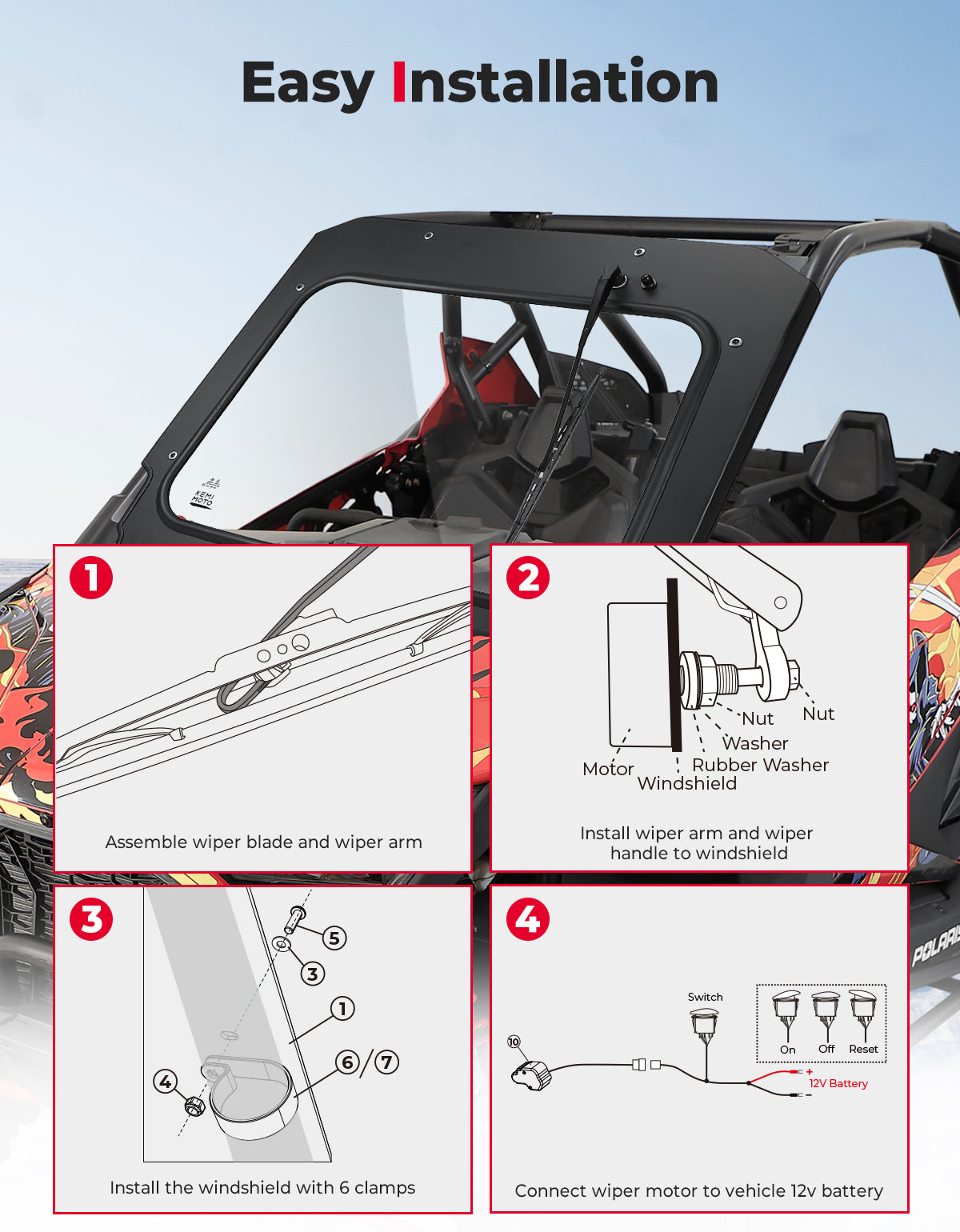 Photo of Kemimoto Glass Windshield with Electric Wipers for Polaris RZR PRO XP / RZR Turbo R 2020-2024 by Kemimoto - Premium for UTVs / Side by Sides