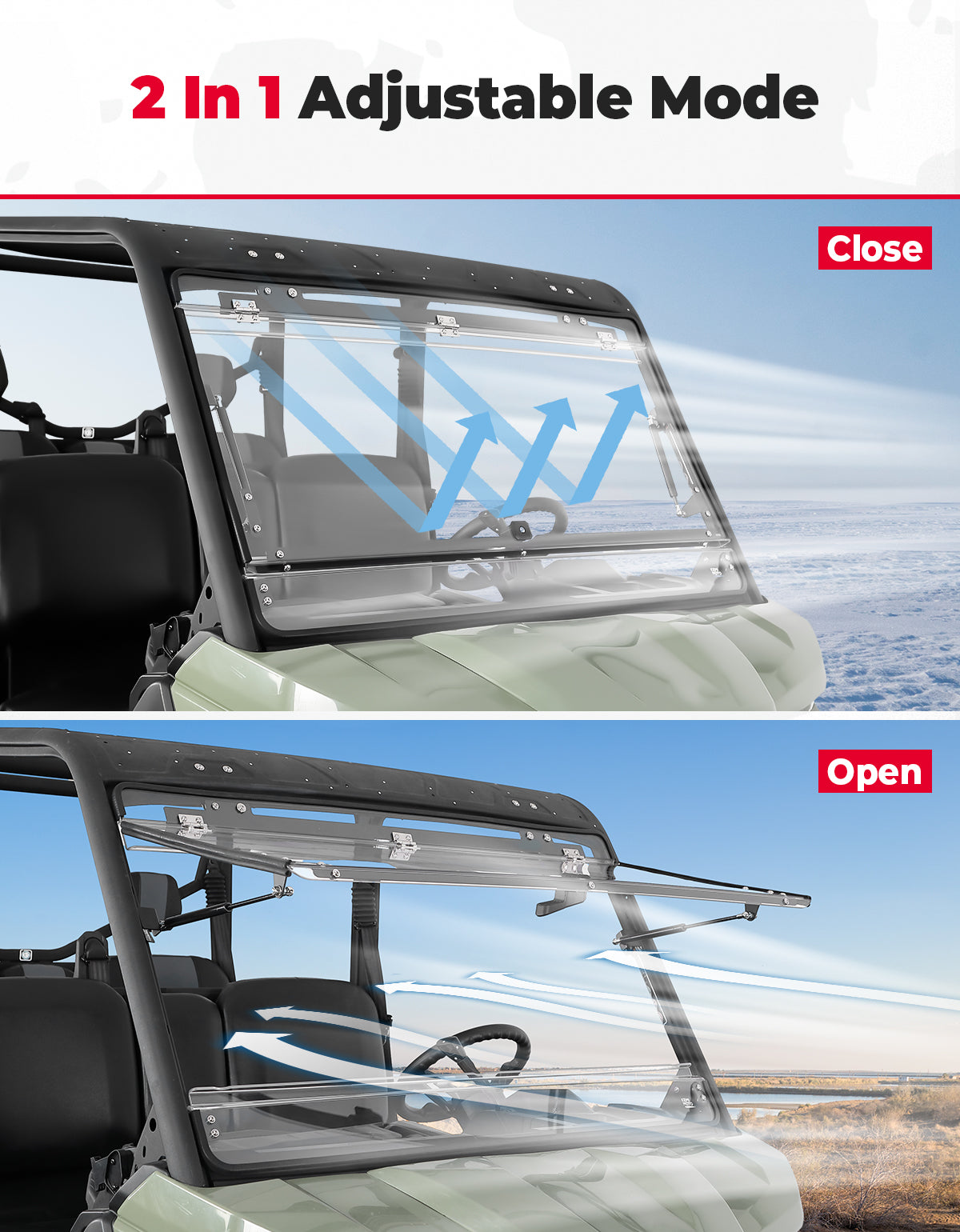 Photo of 2-in-1 Flip Windshield 1/5" Thick Polycarbonate for Can-Am Defender HD5/8/10 by Kemimoto - Premium for UTVs / Side by Sides