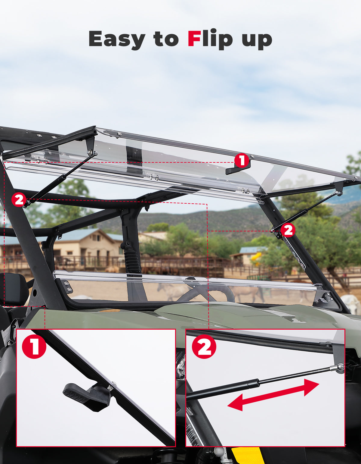 Photo of 2-in-1 Flip Windshield 1/5" Thick Polycarbonate for Can-Am Defender HD5/8/10 by Kemimoto - Premium for UTVs / Side by Sides