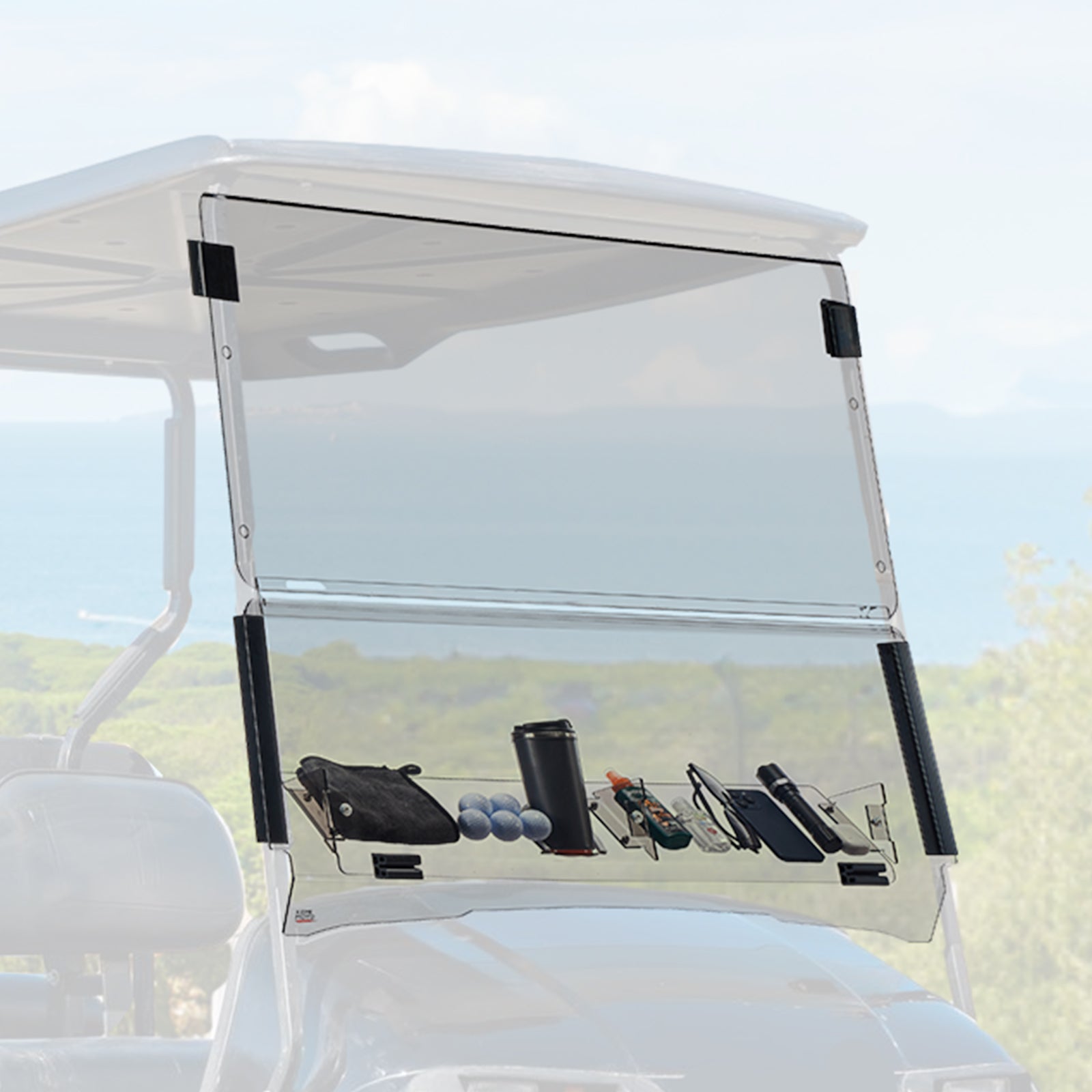 Photo of Foldable Golf Cart Windshield with Storage Basket for EZGO TXT by Kemimoto - Premium for UTVs / Side by Sides