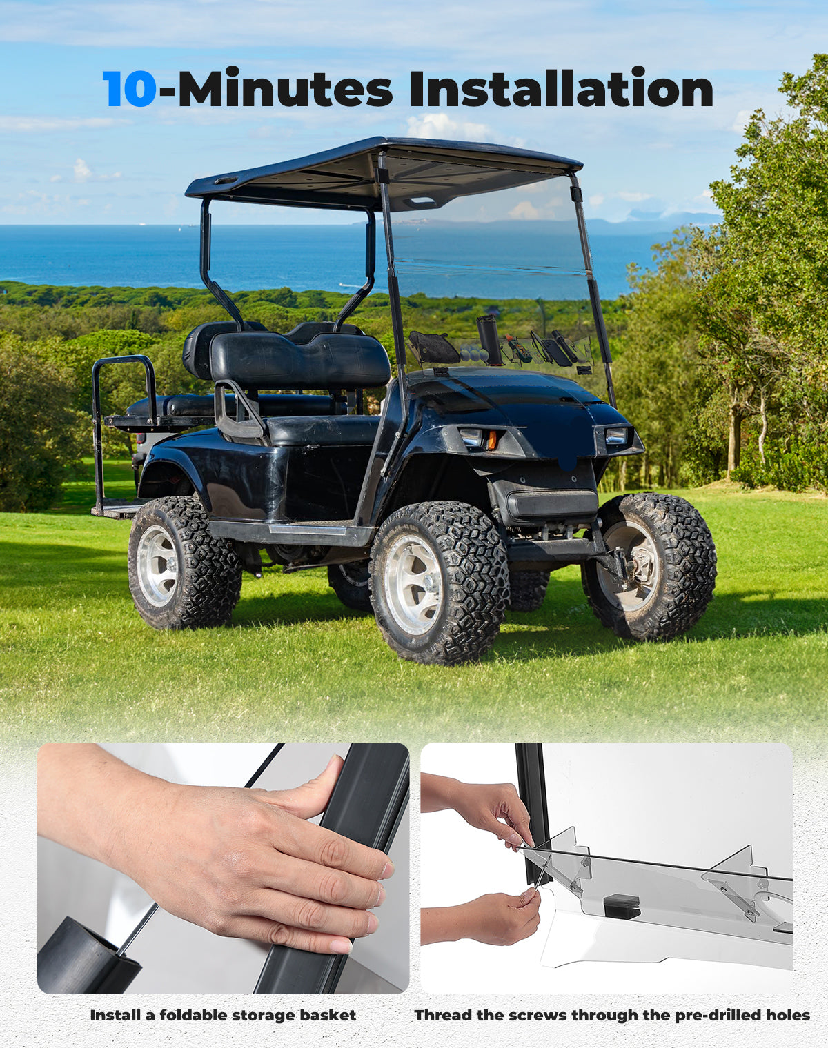 Photo of Foldable Golf Cart Windshield with Storage Basket for EZGO TXT by Kemimoto - Premium for UTVs / Side by Sides