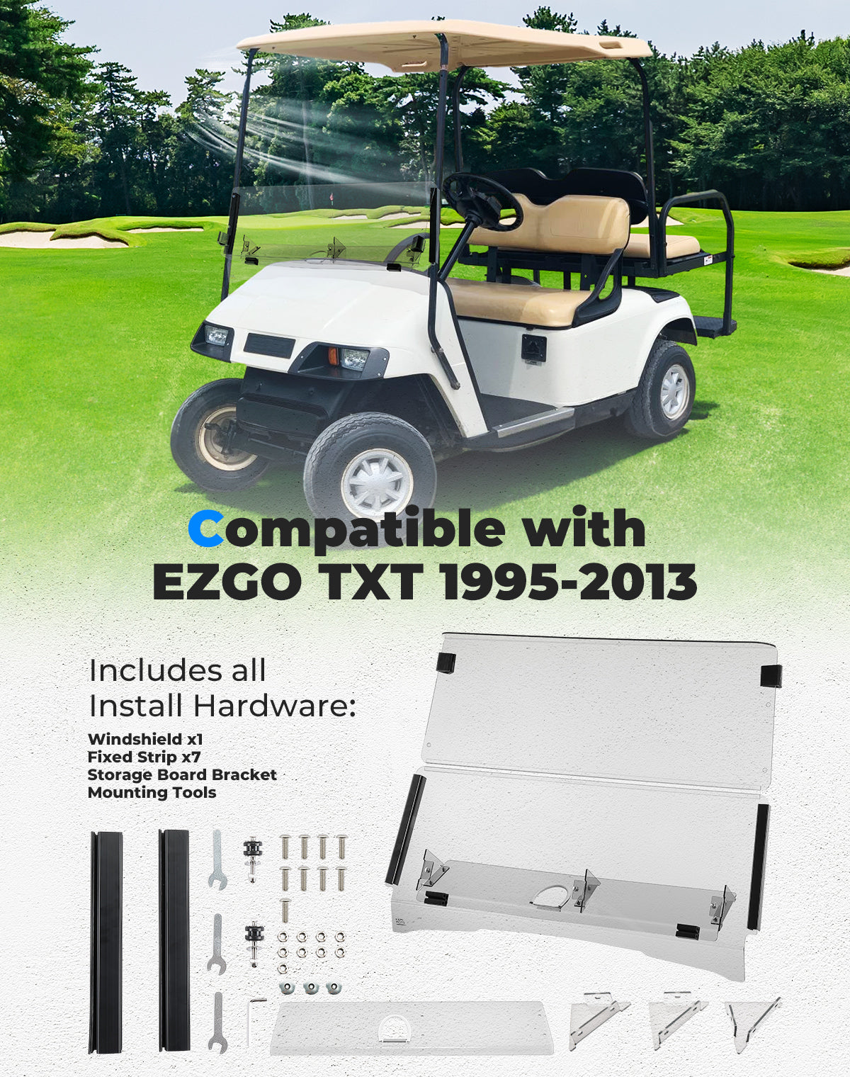 Photo of Foldable Golf Cart Windshield with Storage Basket for EZGO TXT by Kemimoto - Premium for UTVs / Side by Sides
