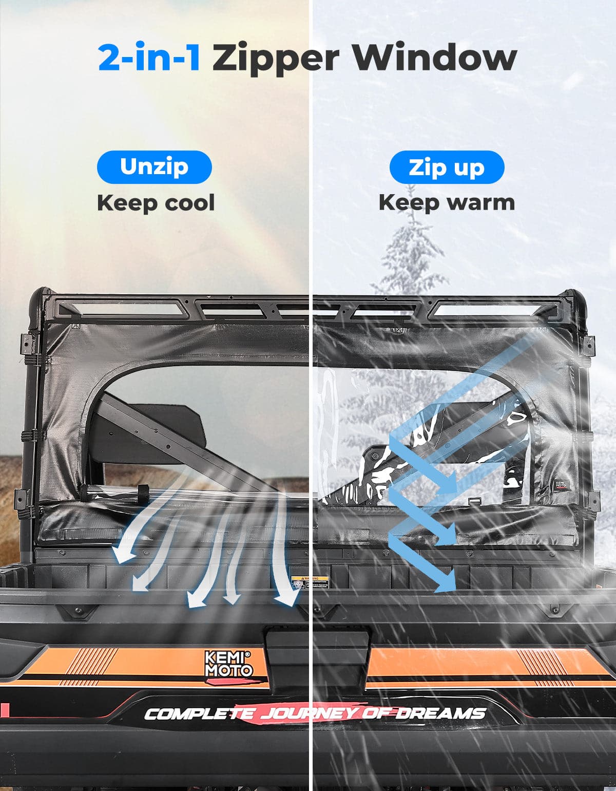 Photo of UTV Zippered Soft Rear Window for Polaris Ranger XP 1000 / Crew by Kemimoto - Premium for UTVs / Side by Sides