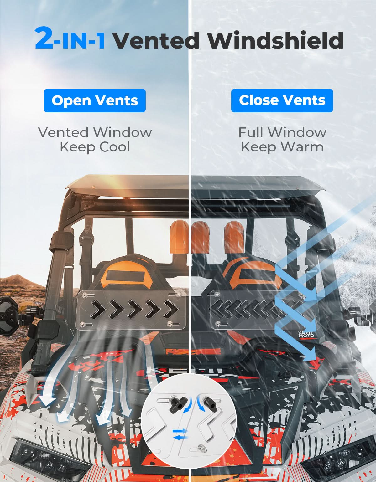 Photo of Front Windshield 2-IN-1 Vented for Polaris RZR XP 1000 / RZR XP Turbo 2019-2023 by Kemimoto - Premium for UTVs / Side by Sides