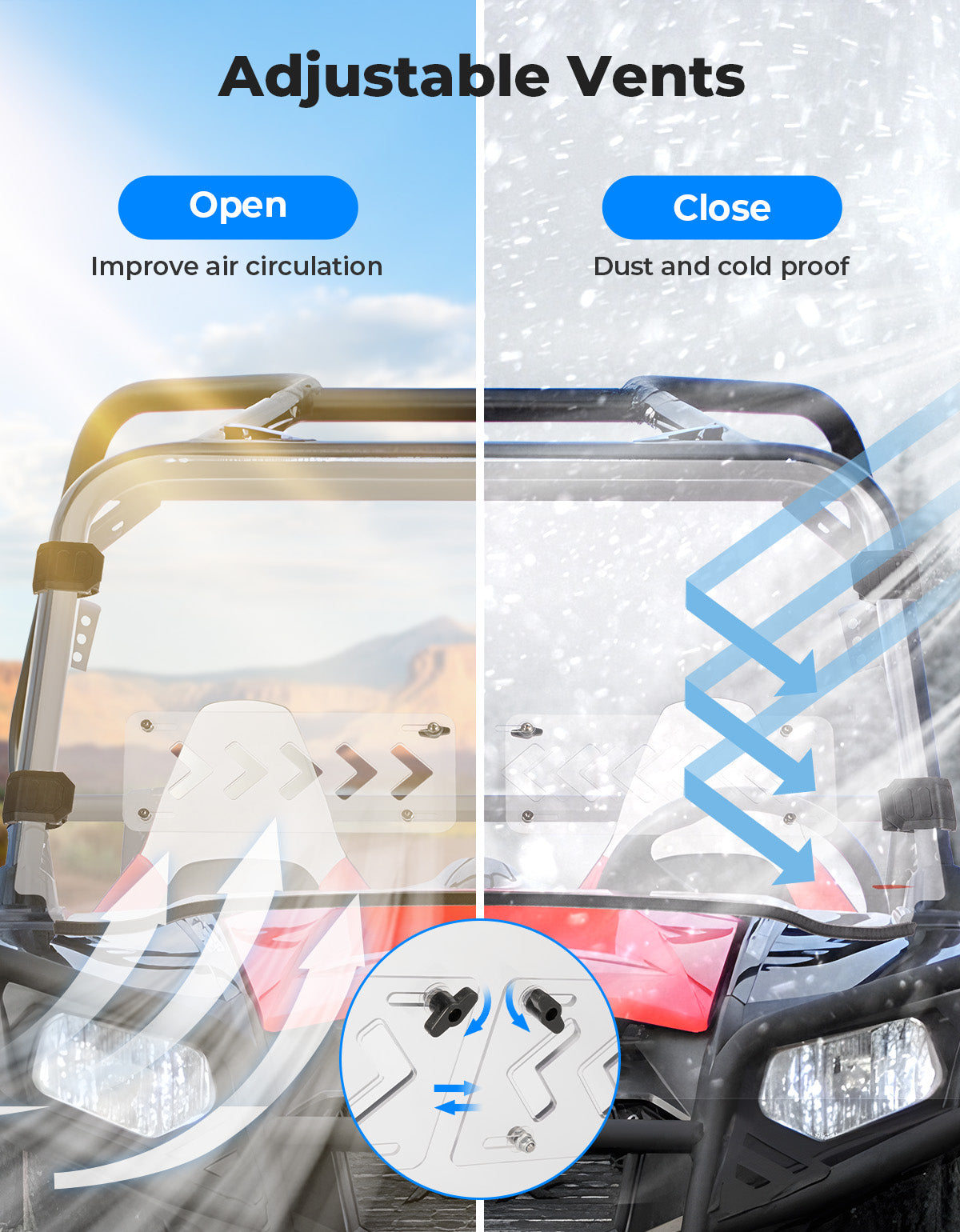 Photo of Kemimoto Front 2-IN-1 Vented Windshield for Polaris RZR 800/S800/4 800/XP 900/RZR 570 by Kemimoto - Premium for UTVs / Side by Sides