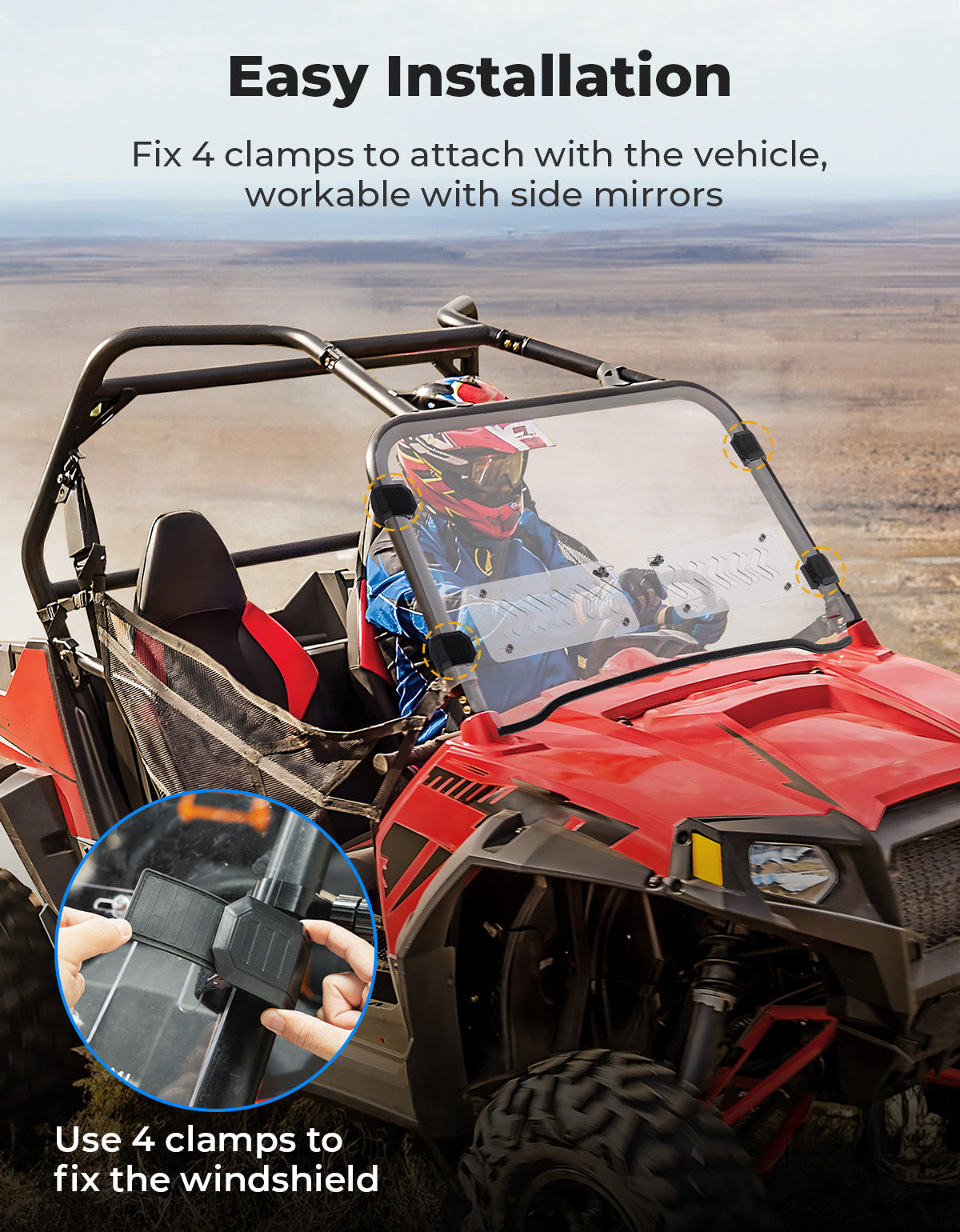 Photo of Kemimoto Front 2-IN-1 Vented Windshield for Polaris RZR 800/S800/4 800/XP 900/RZR 570 by Kemimoto - Premium for UTVs / Side by Sides