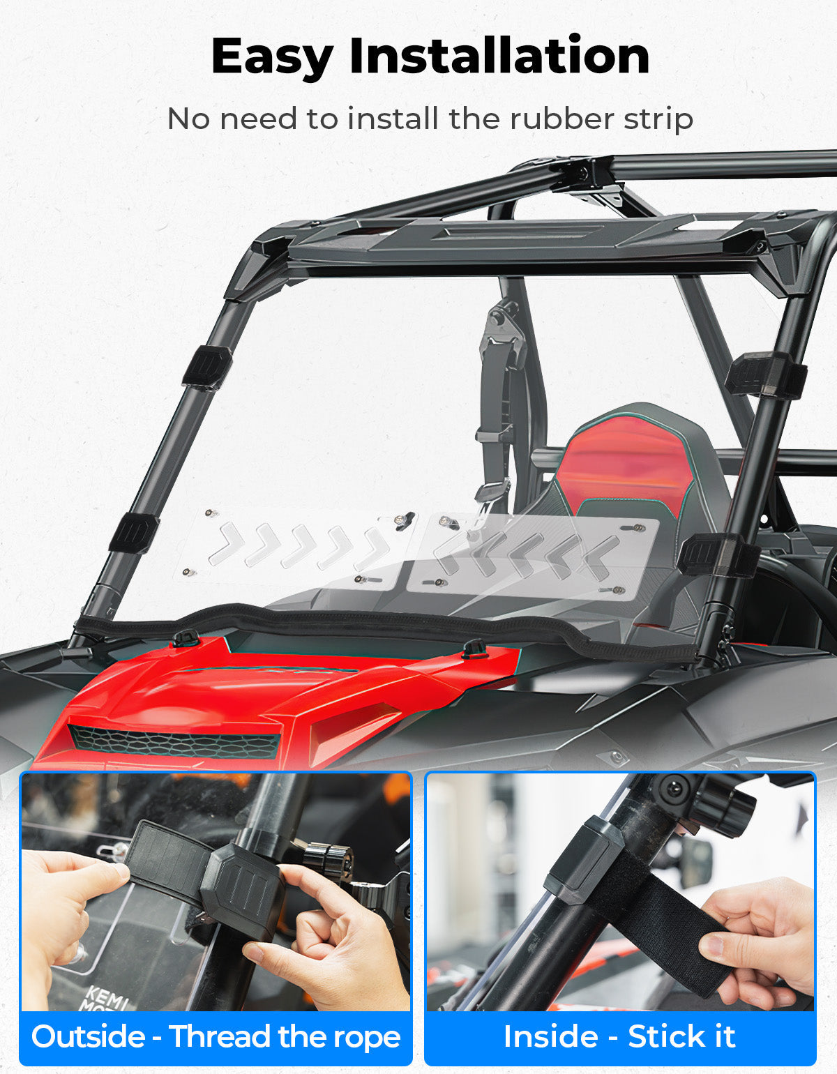 Photo of Kemimoto Front Windshield Vented Pre-Installed Rubber Strip for Polaris RZR XP 1000 / RZR 900 by Kemimoto - Premium for UTVs / Side by Sides