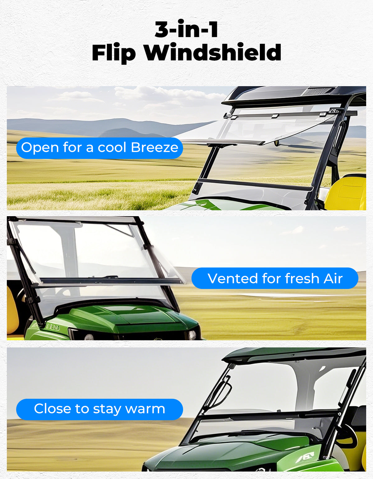 Photo of Kemimoto Flip Windshield for John Deere Gator by Kemimoto - Premium for UTVs / Side by Sides