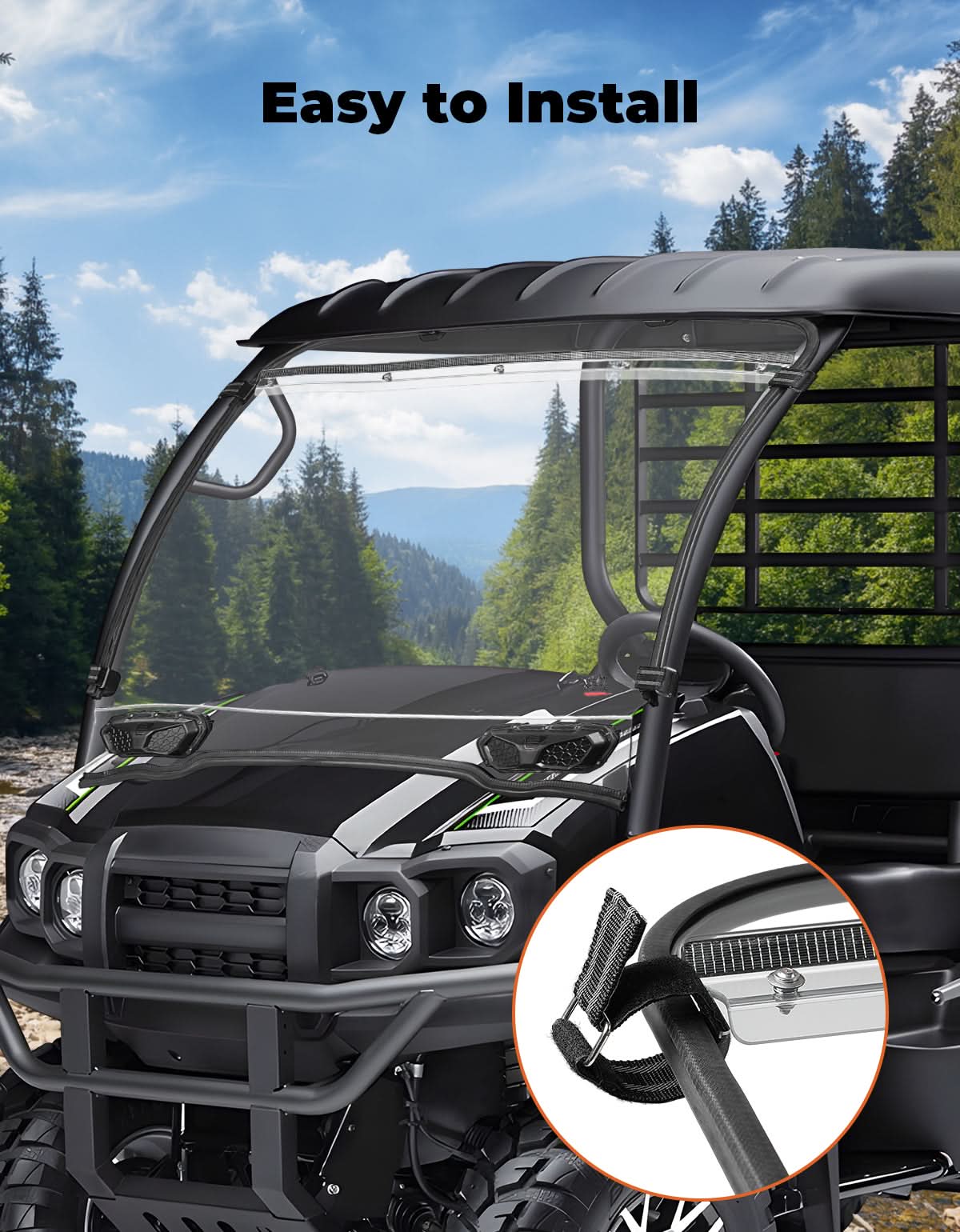 Photo of Vented Front Full Windshield with Adjustable Vents and Rubber Strips For Kawasaki by Kemimoto - Premium for UTVs / Side by Sides